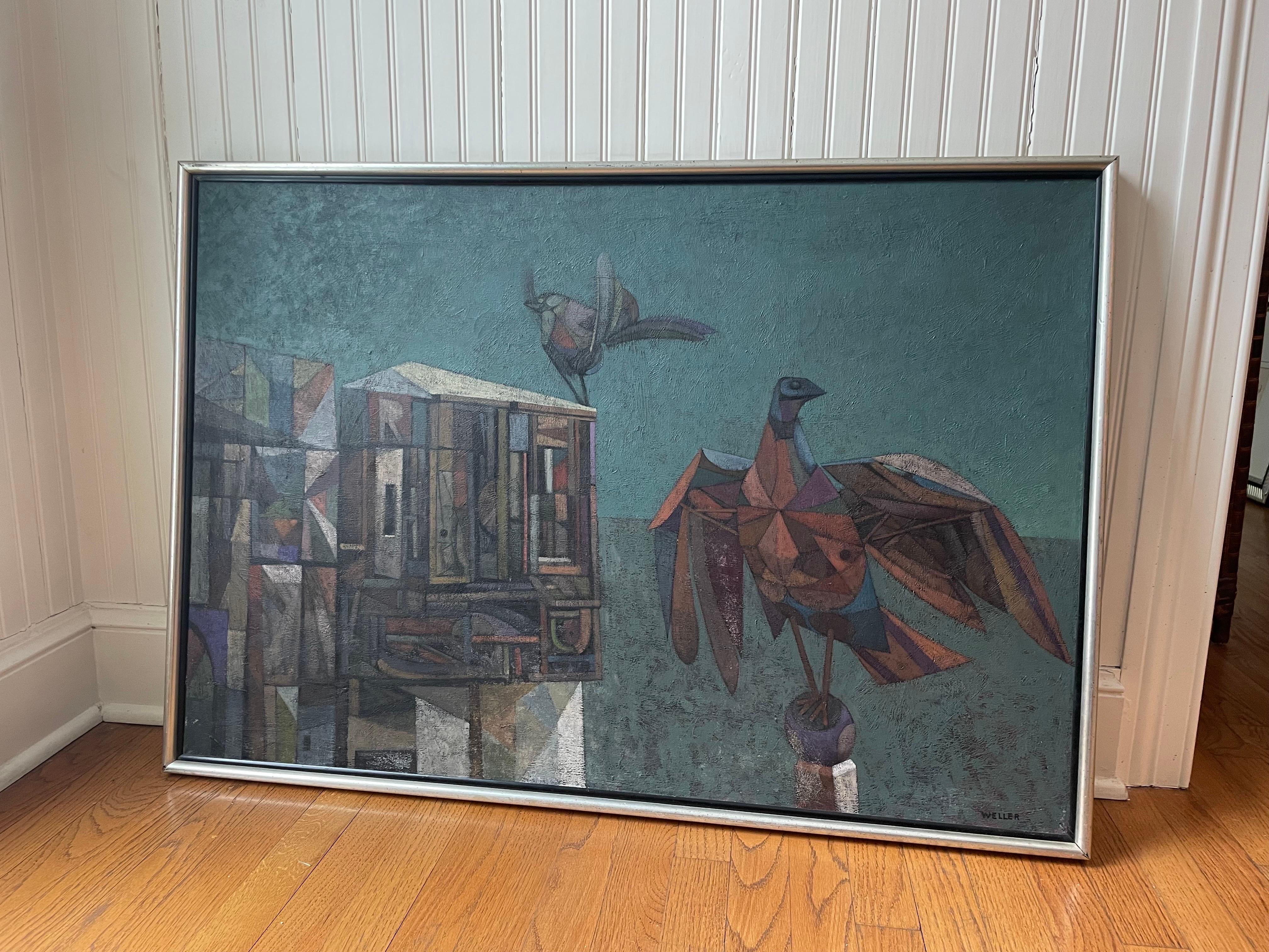 Wood Cubist oil painting “Roost” by John S Weller For Sale