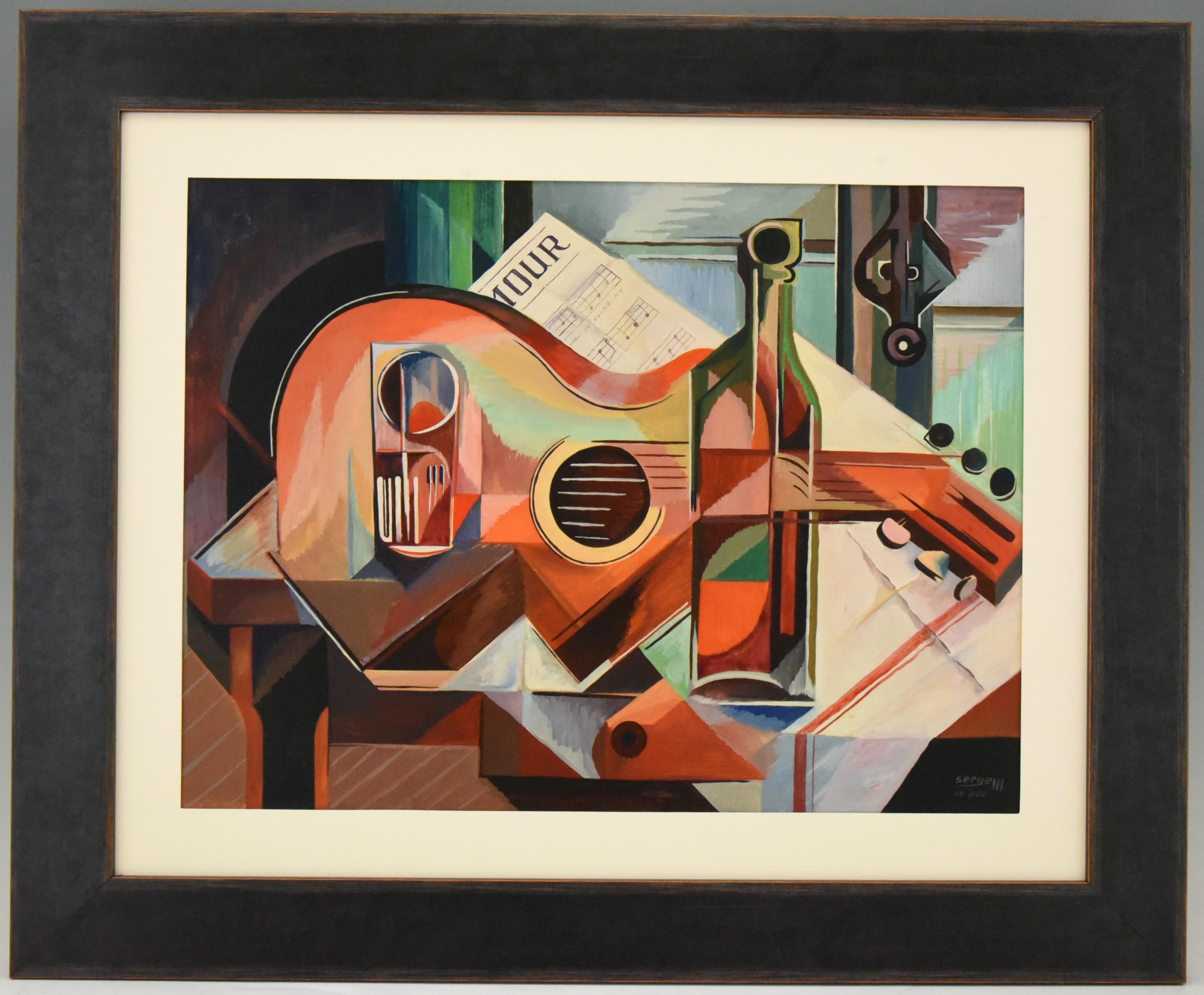 Colorful Post-Cubist oil painting still life with guitar
By Serge Magnin, born in France, 1934.
Framed.

Size of the frame:
H 67 cm x L 81 cm x W 2 cm.
H 264 inch x L 319 inch x W08 inch.
Size of the painting:
H 45 cm x L 59 cm
H 177 inch x