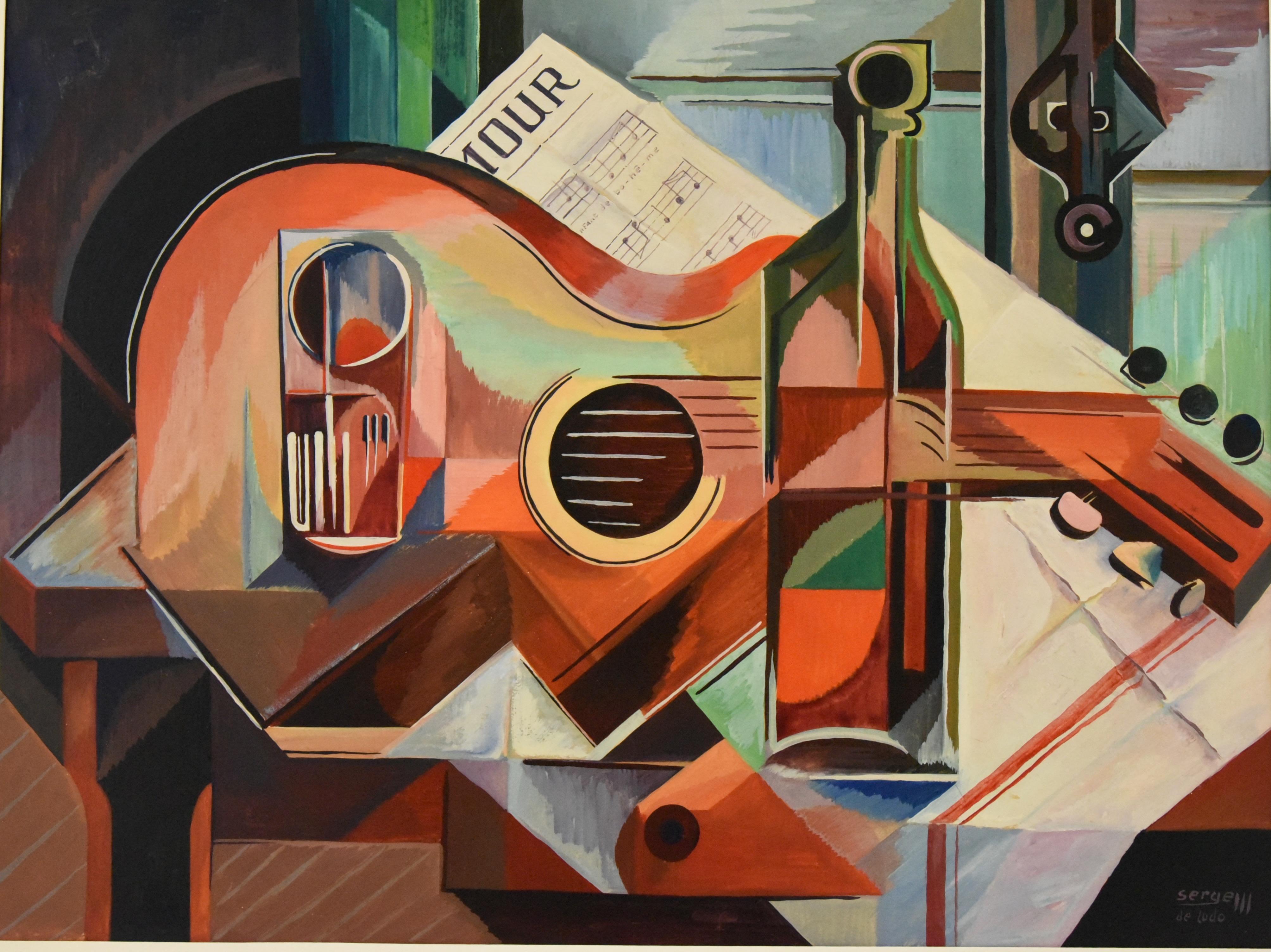 Mid-Century Modern Cubist Oil Painting Still Life with Guitar Serge Magnin For Sale