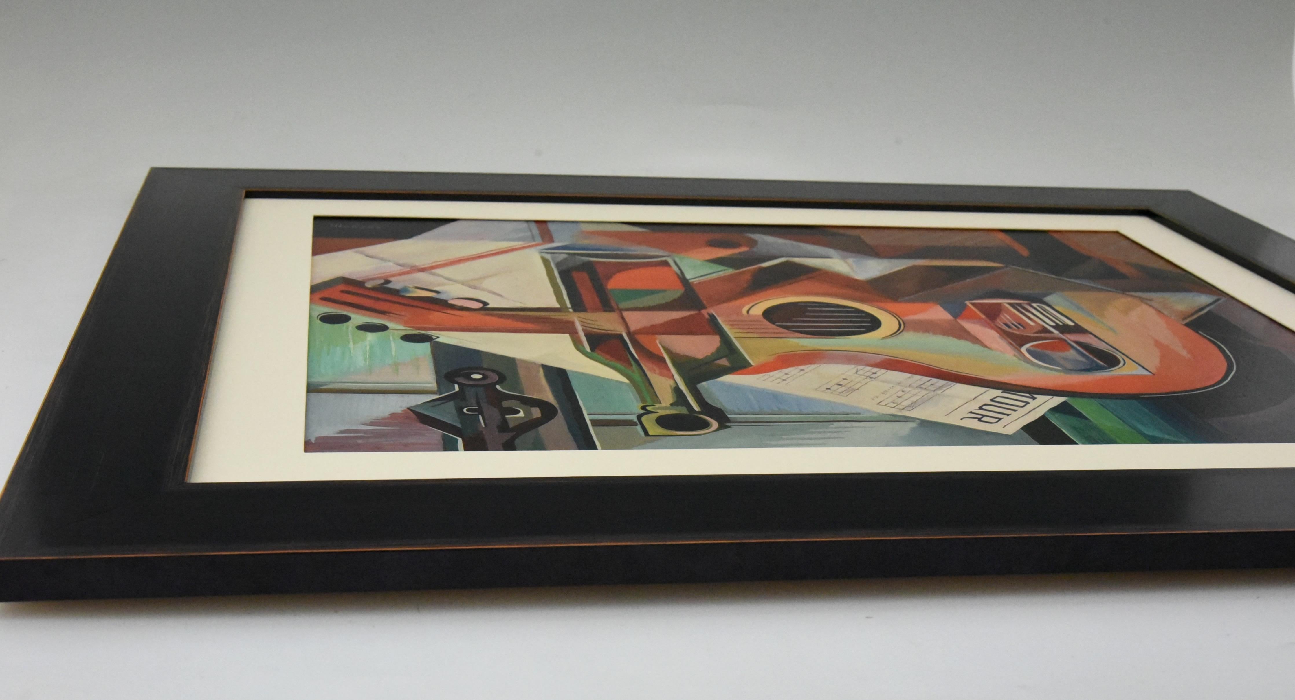 20th Century Cubist Oil Painting Still Life with Guitar Serge Magnin For Sale