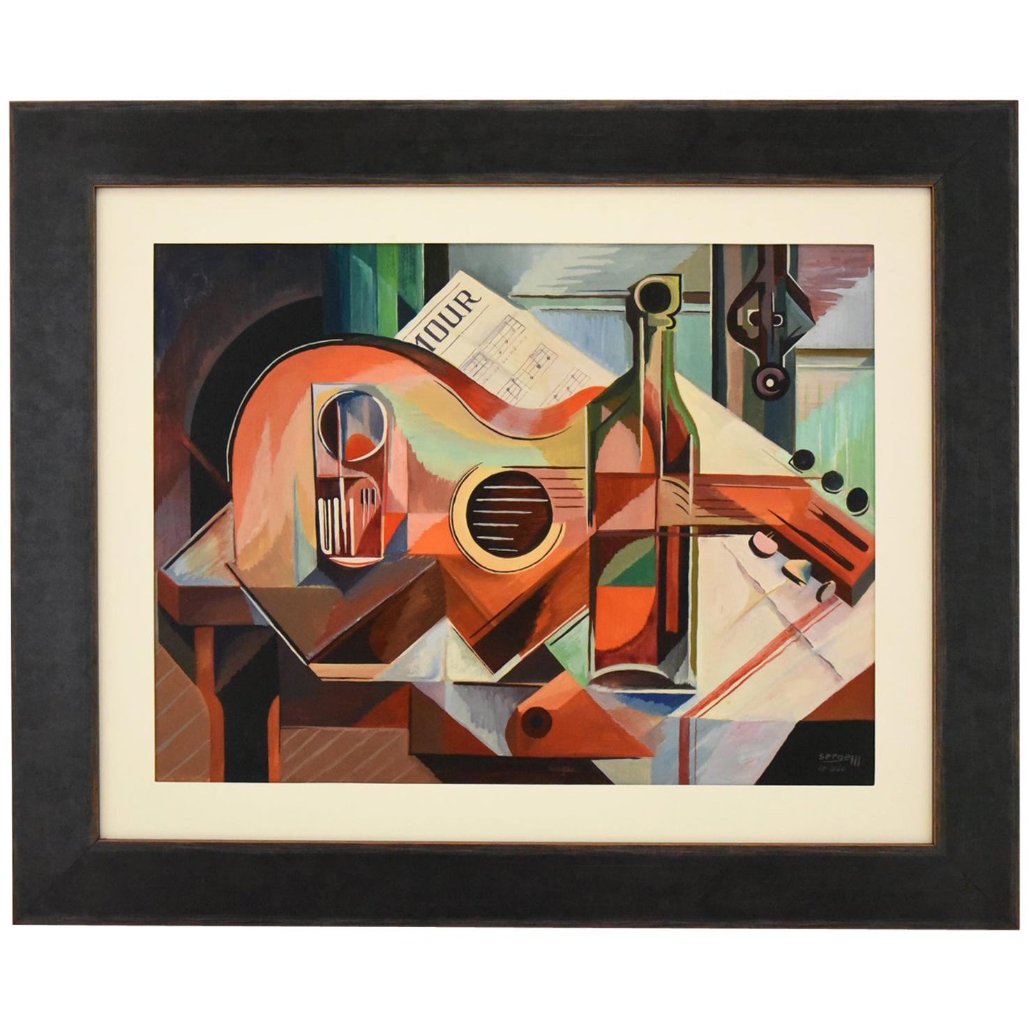 Peinture à l'huile cubiste - Nature morte à la guitare - Serge Magnin en vente