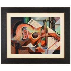 Cubist Oil Painting Still Life with Guitar Serge Magnin
