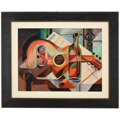 Vintage Cubist Oil Painting Still Life with Guitar Serge Magnin