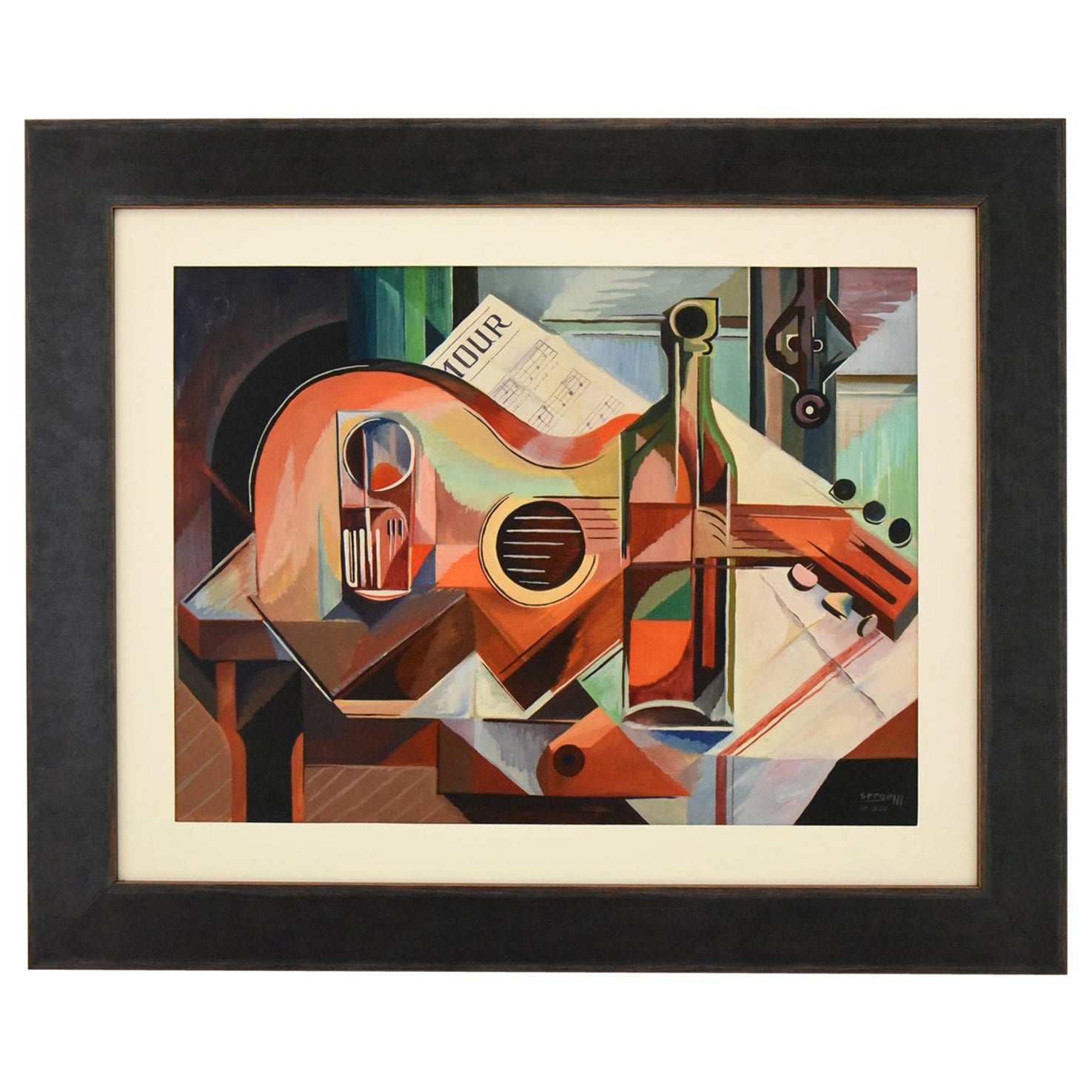 Peinture à l'huile cubiste - Nature morte à la guitare - Serge Magnin