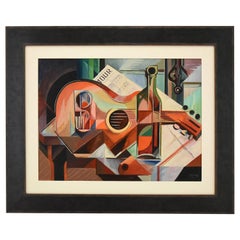 Pittura cubista ad olio Natura morta con chitarra Serge I. Magnin