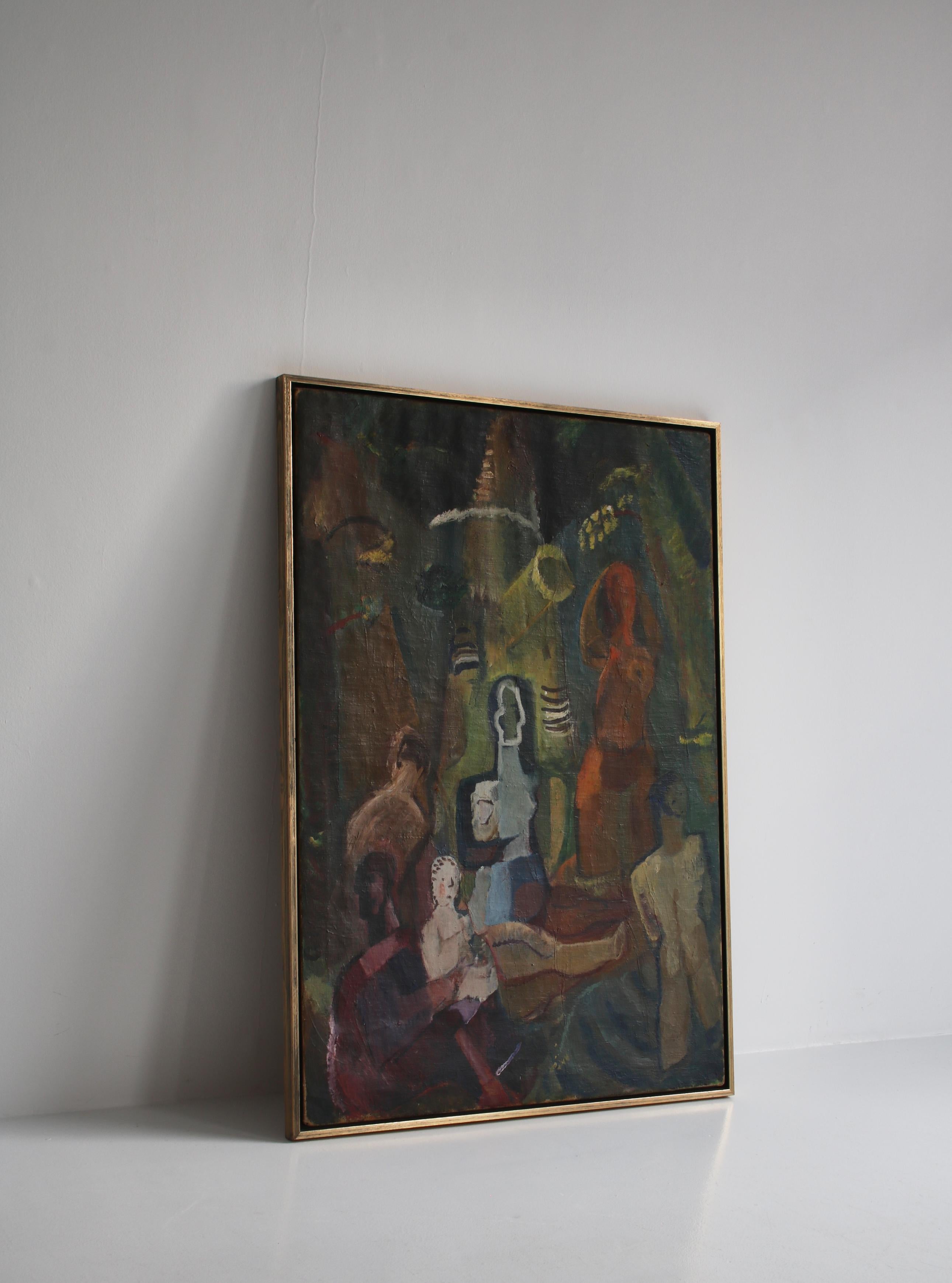 Modern Cubist Oil Painting with Figure Composition by Ebba Carstensen, Denmark For Sale