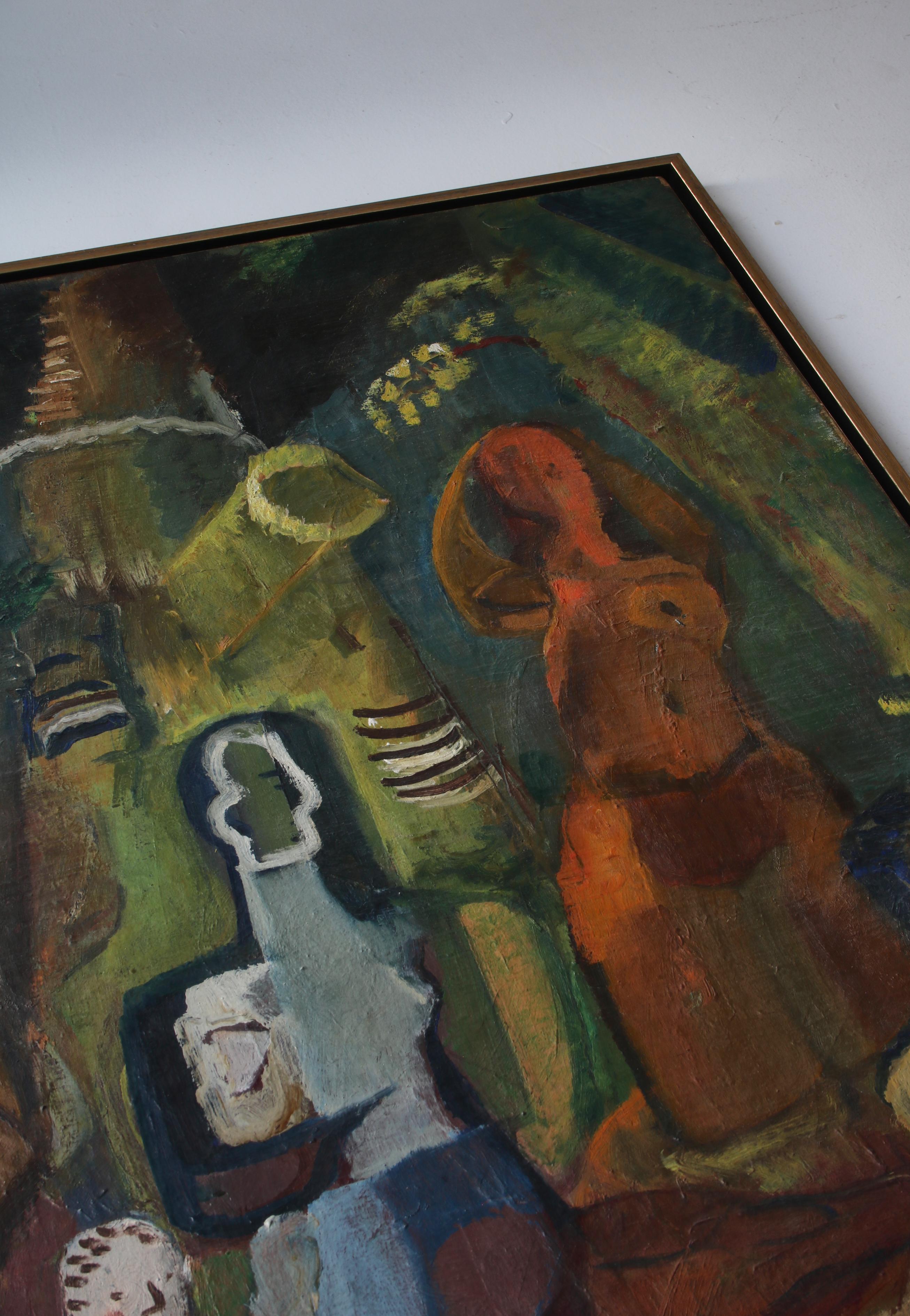 Danish Cubist Oil Painting with Figure Composition by Ebba Carstensen, Denmark For Sale