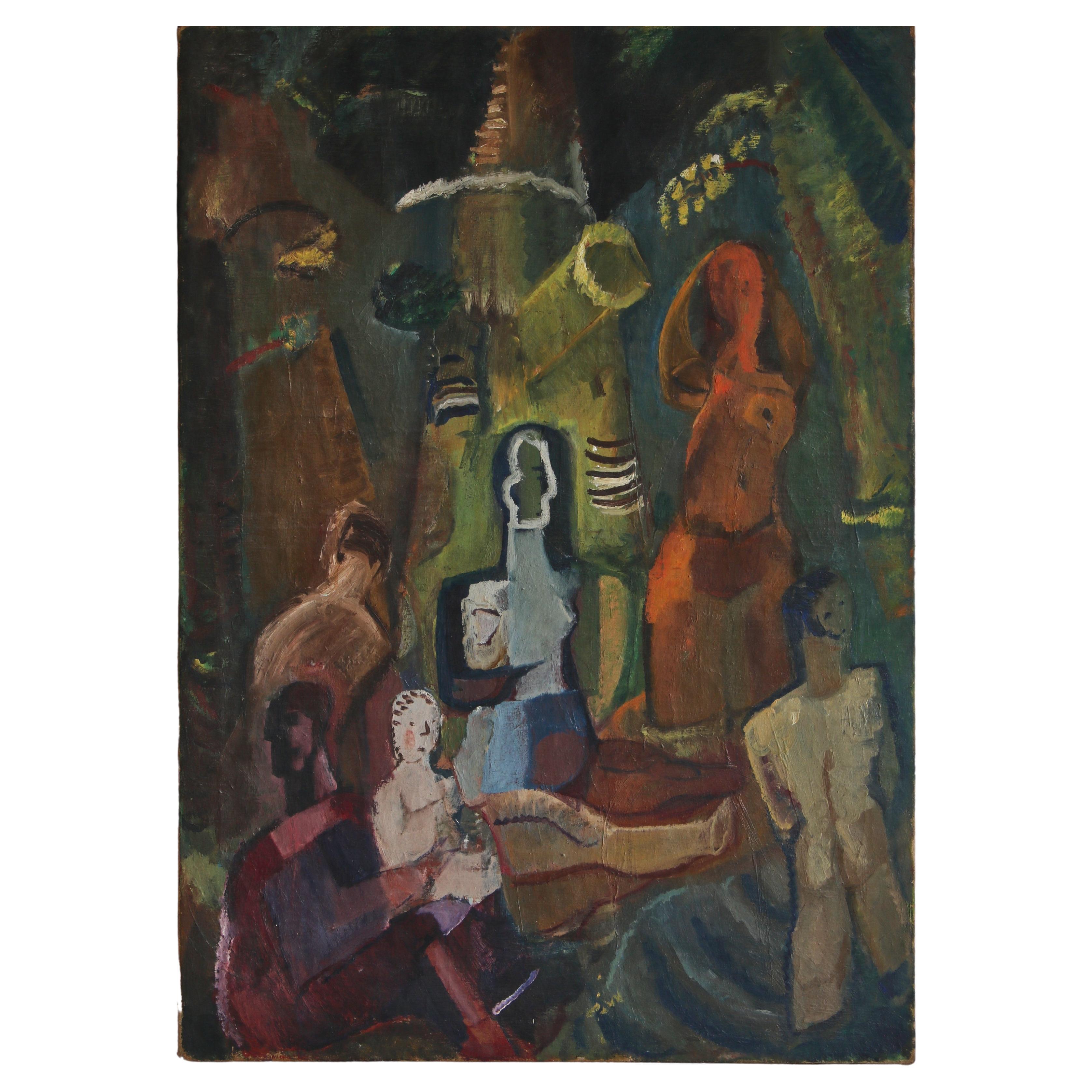 Cubist Oil Painting with Figure Composition by Ebba Carstensen, Denmark For Sale