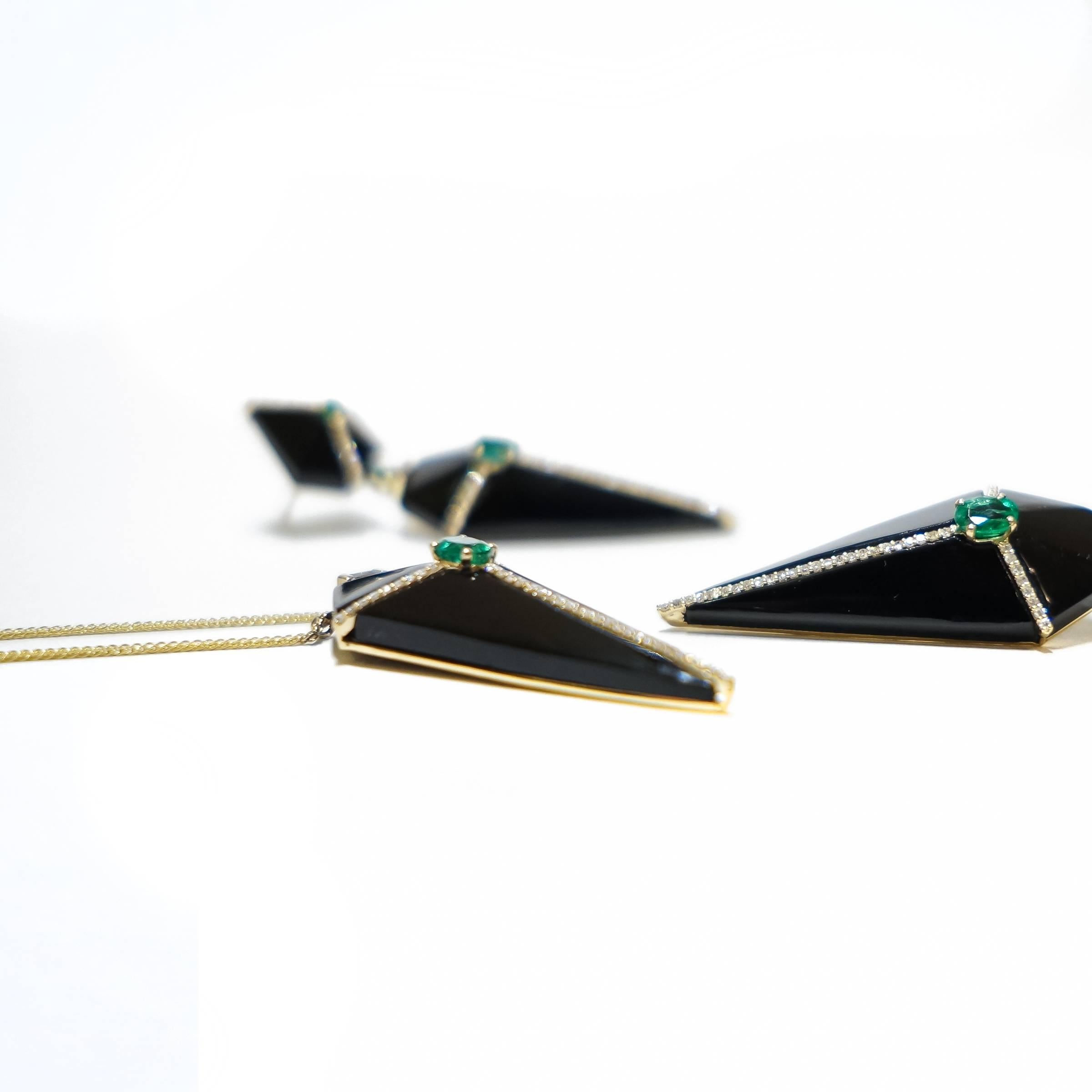 Contemporary Cubist Onyx Pendant Necklace with Diamonds and Emeralds