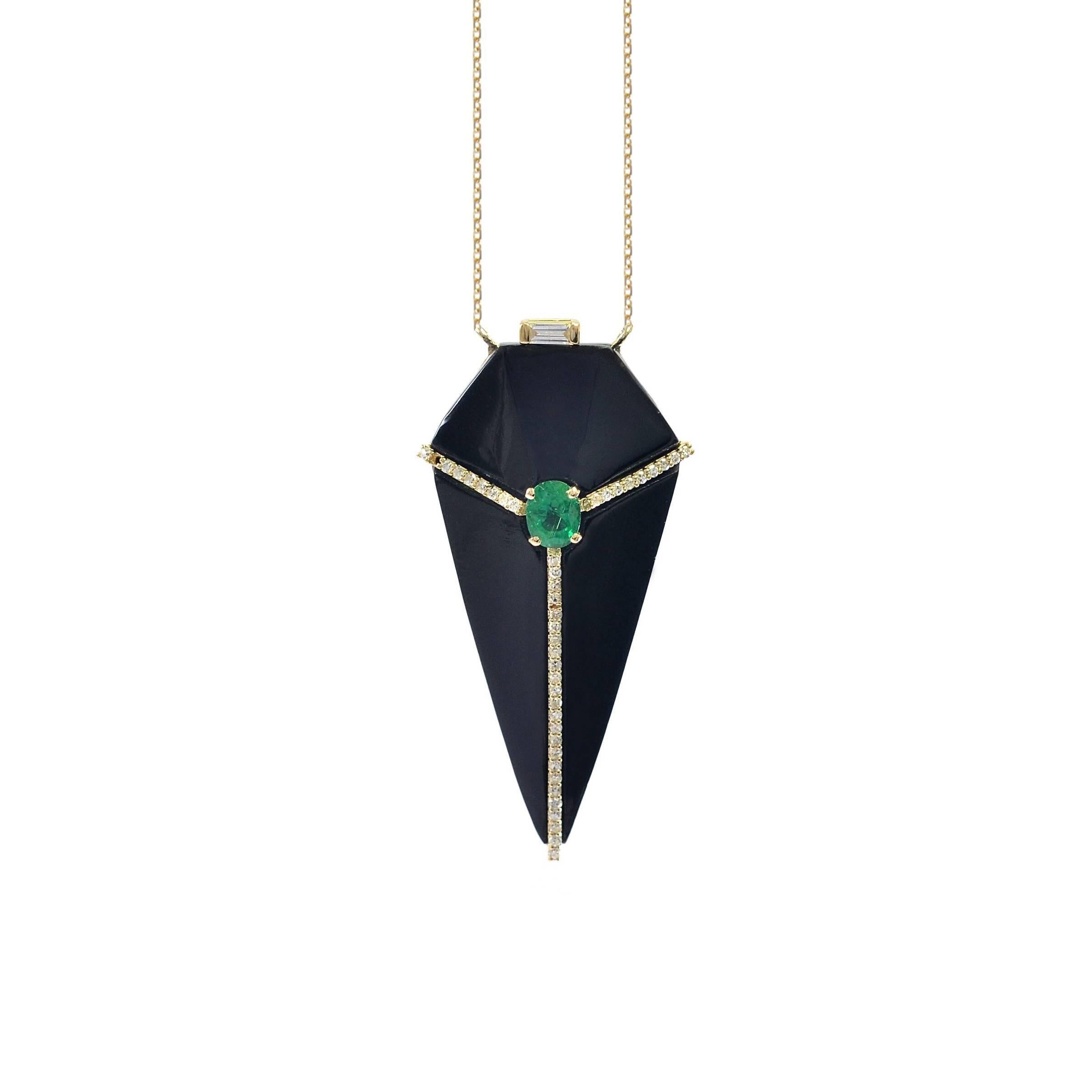 Cubist Onyx Pendant Necklace with Diamonds and Emeralds