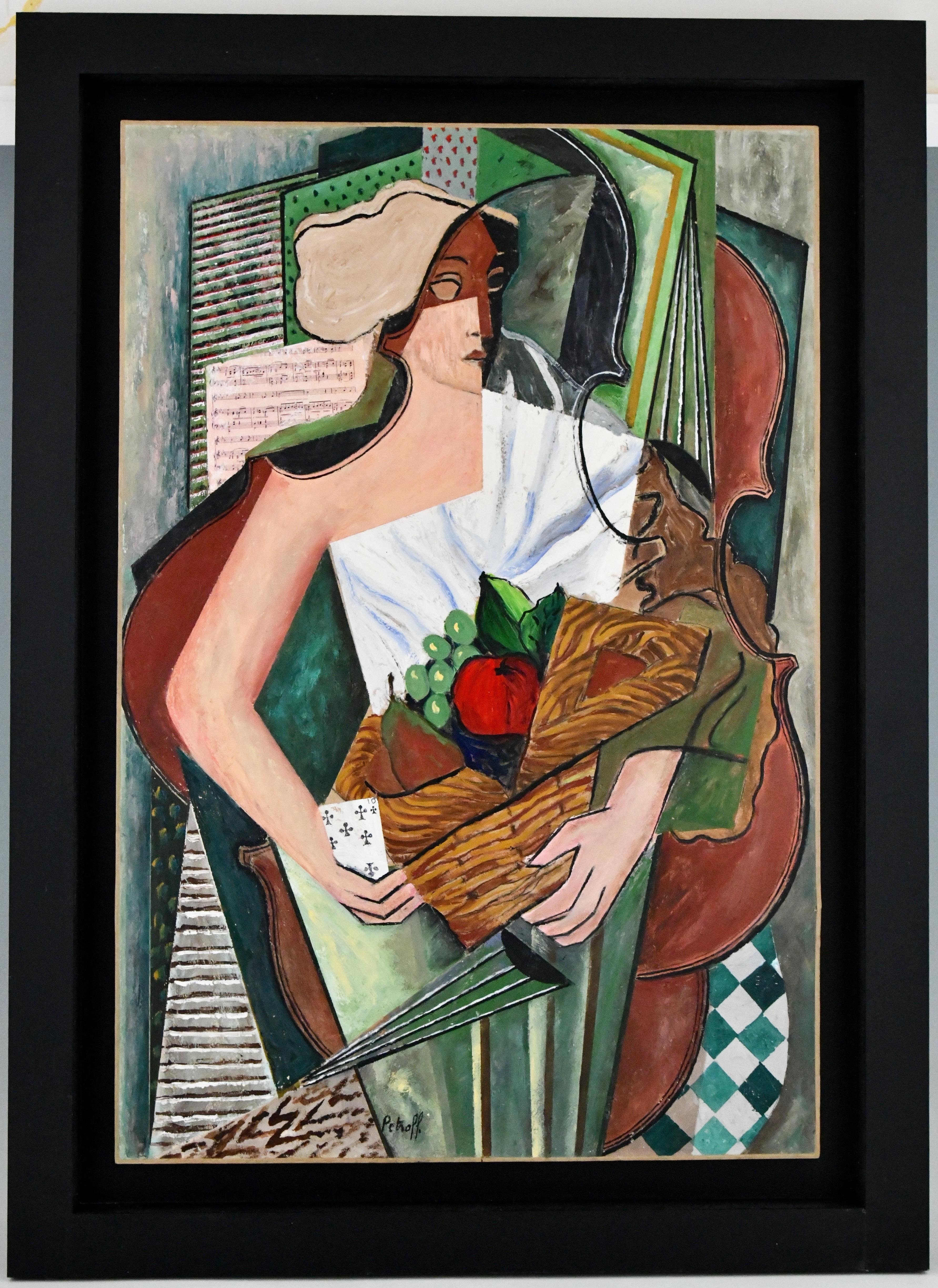 Painting cubist composition with lady holding a fruit basket and playing cards by the artist Petroff. 
Born in 1954. 
Oil on board, framed. 
Size of the frame: 
H. 91 cm x L. 66 cm. x W. 3.5 cm. 
H. 35.8 inch x L. 26 inch. x W. 1.4 inch. 
Size