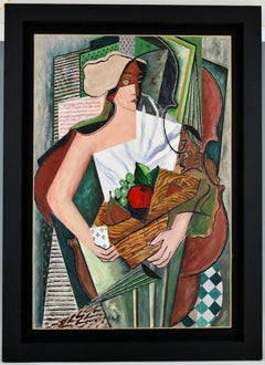 Peinture cubiste - Femme avec panier de fruits et violon par Petroff
