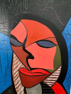 Quadro cubista intitolato "Donna con maglione rosso" Firmato Lawrence Bradley, D. A. 1974