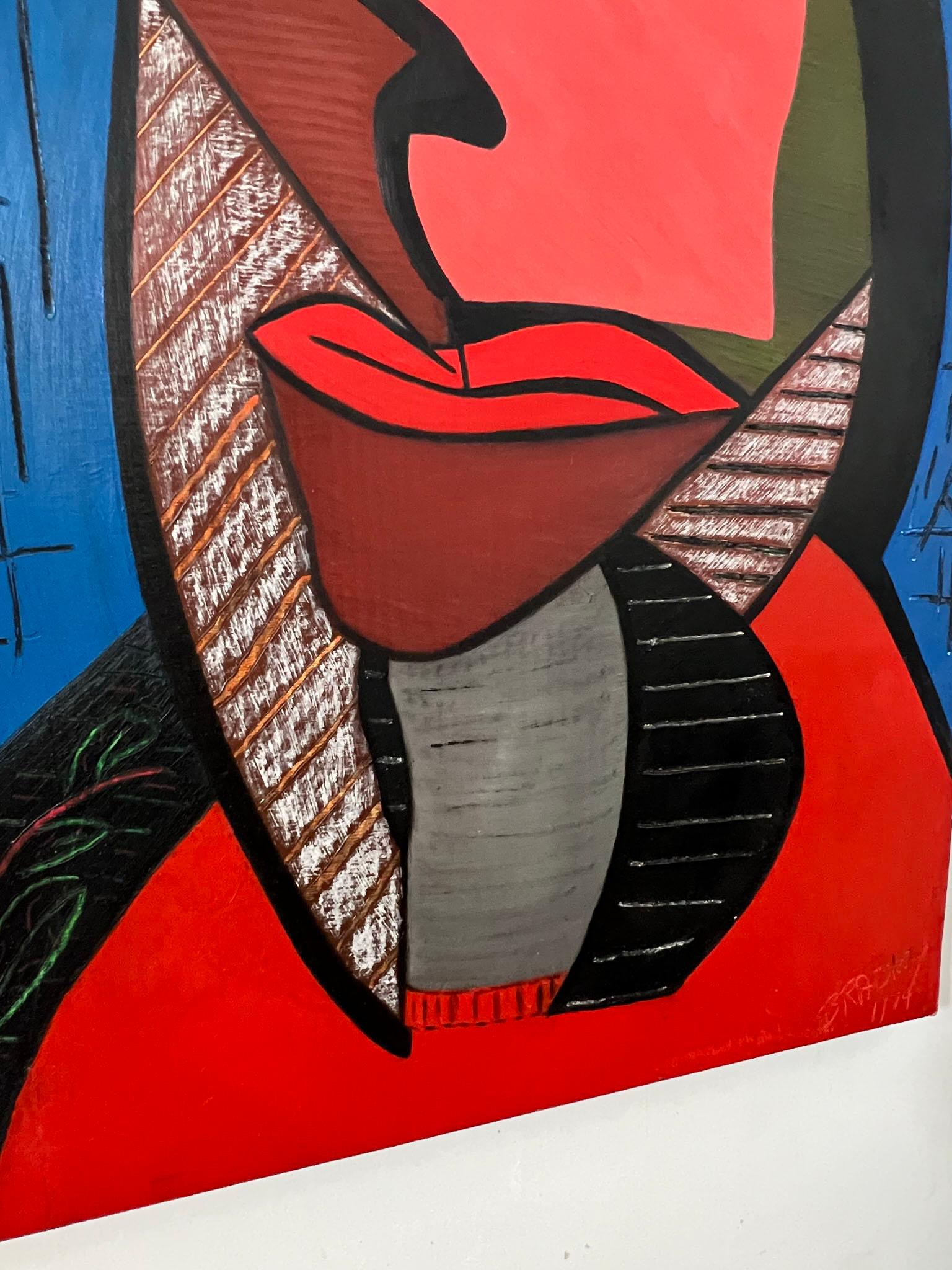 Kubistisches Gemälde mit dem Titel „Frau mit rotem Pullover“, signiert Lawrence Bradley, D. 1974 (Moderne der Mitte des Jahrhunderts) im Angebot