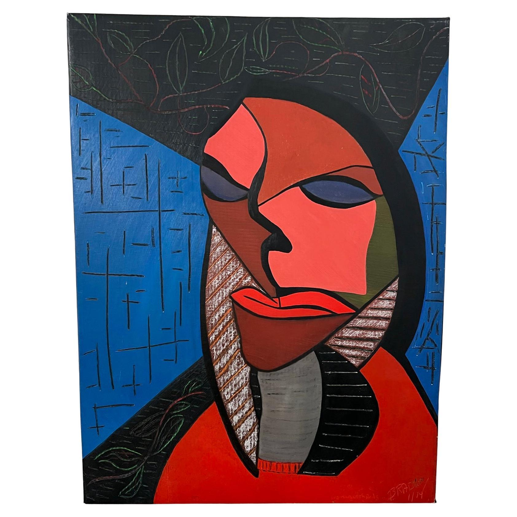 Peinture cubiste intitulée « Woman with Red Sweater » signée Lawrence Bradley, D. 1974