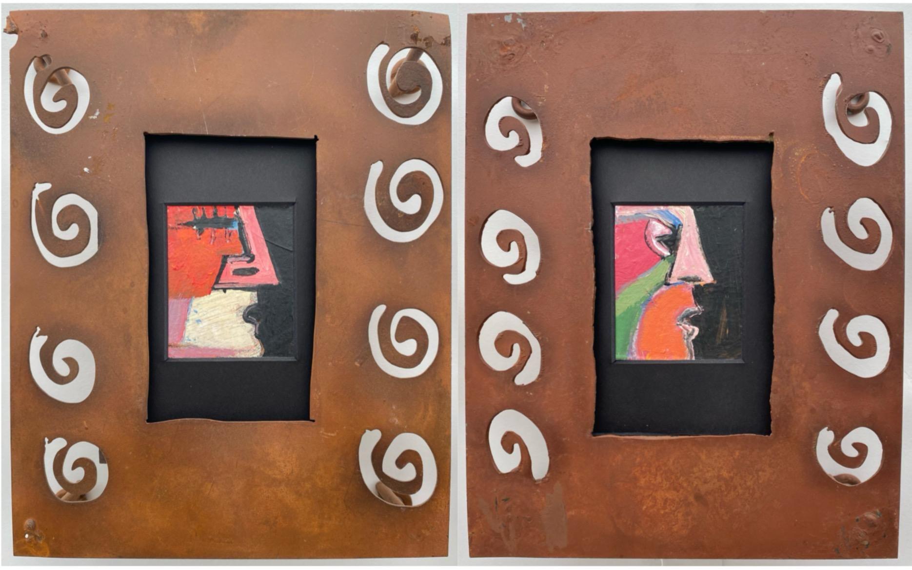 Mid-Century Modern Cubist Paintings in Rusty Steel Frames, a Pair For Sale