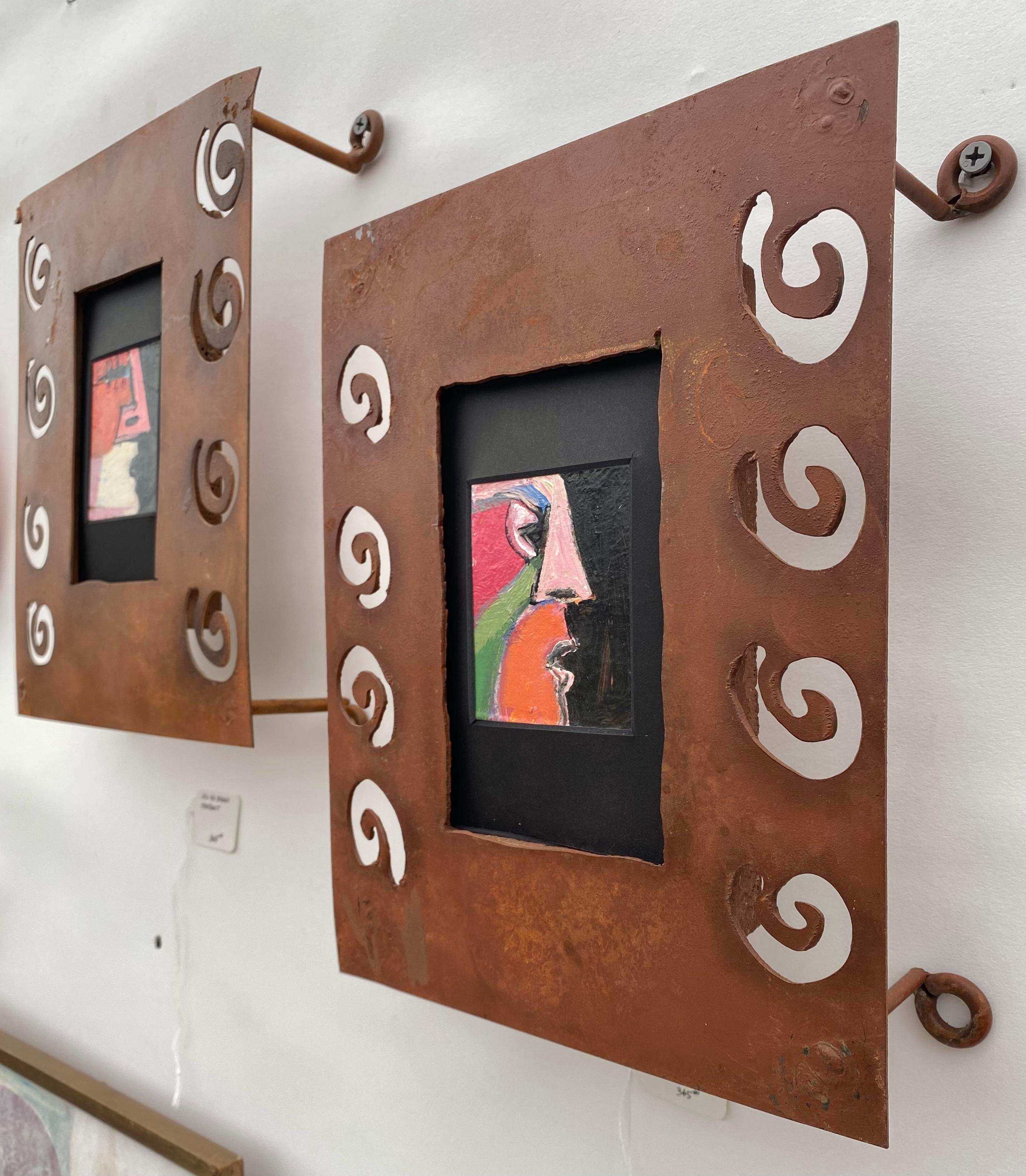 Mexican Cubist Paintings in Rusty Steel Frames, a Pair For Sale