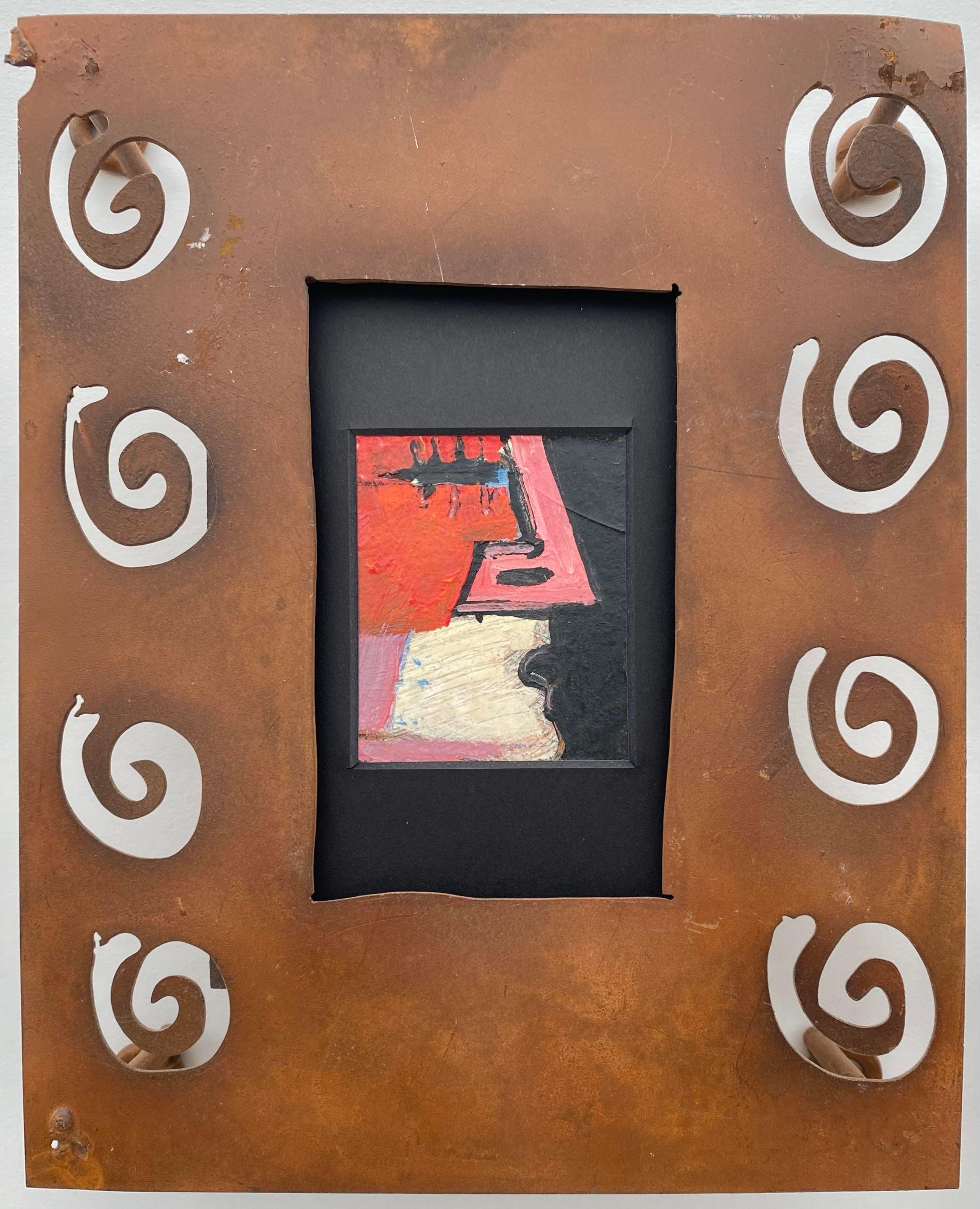 Hand-Crafted Cubist Paintings in Rusty Steel Frames, a Pair For Sale