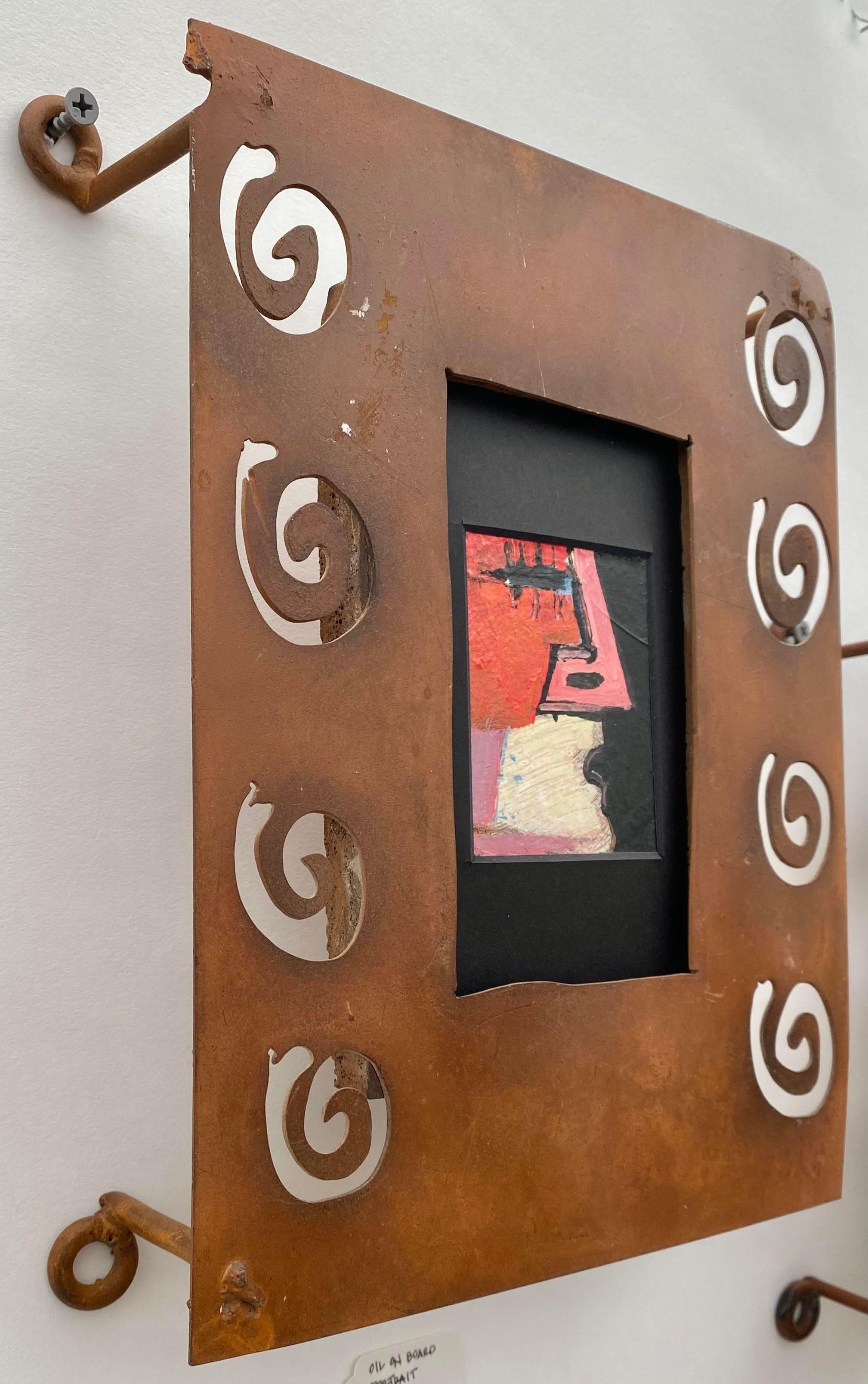Cubist Paintings in Rusty Steel Frames, a Pair In Good Condition For Sale In Round Top, TX