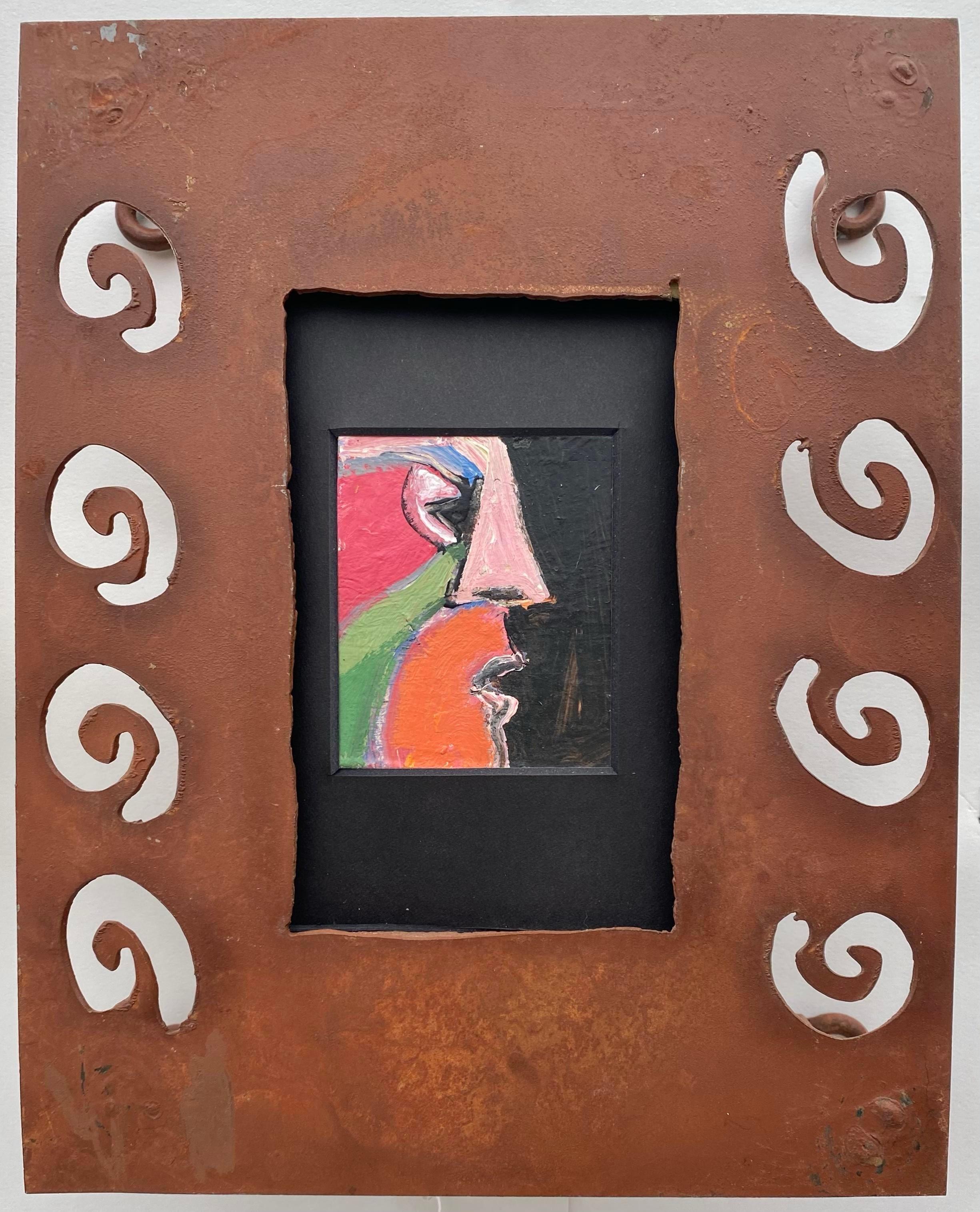 20th Century Cubist Paintings in Rusty Steel Frames, a Pair For Sale