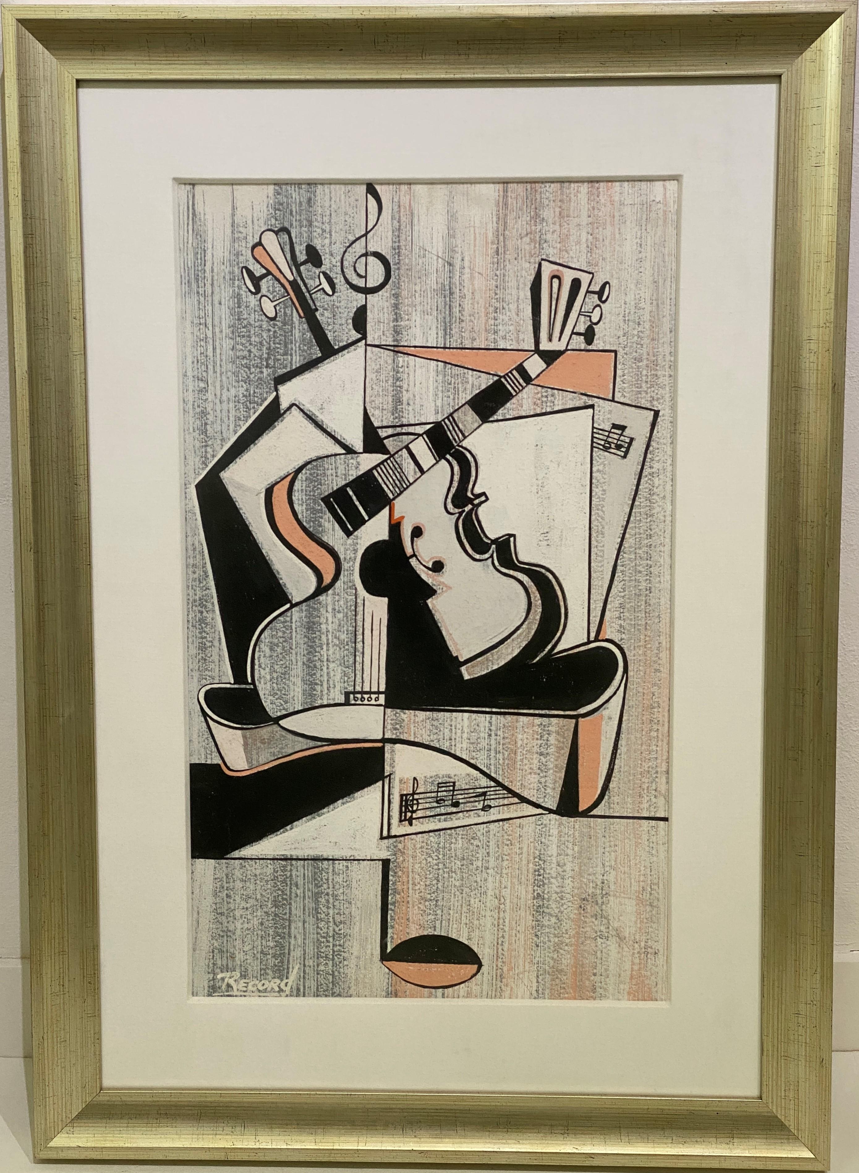 This Mid-Century Modern artwork was created by the artist Record. Here the artist has captured the guitar and musical notes with their cubist interpretation in the pastel medium.

A striped background was first freely applied with grey and coral