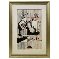 Vintage Cubist Pastel Painting by Record