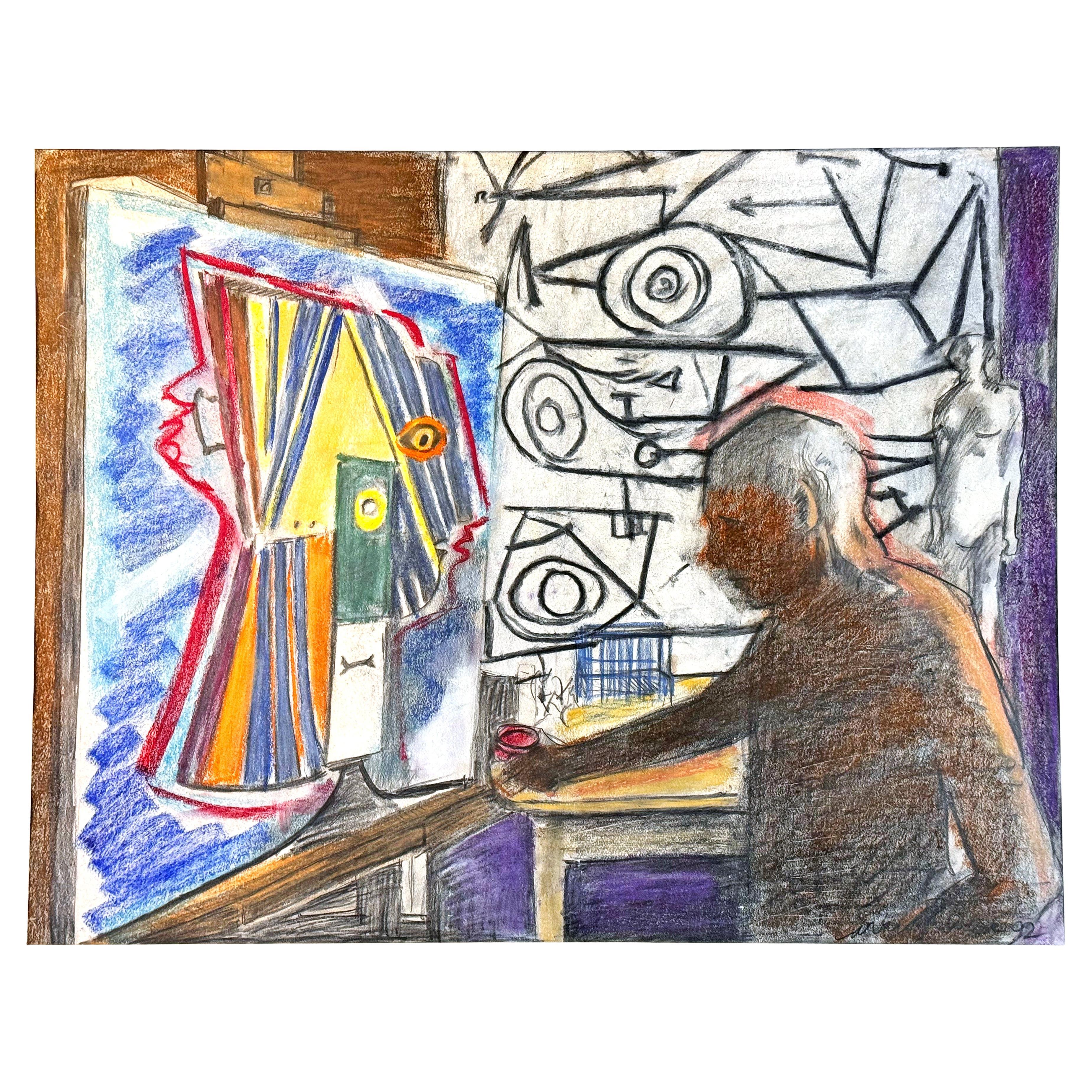 "Cubist Picasso", Important, Colorful Drawing by Famed Modernist Larry Rivers