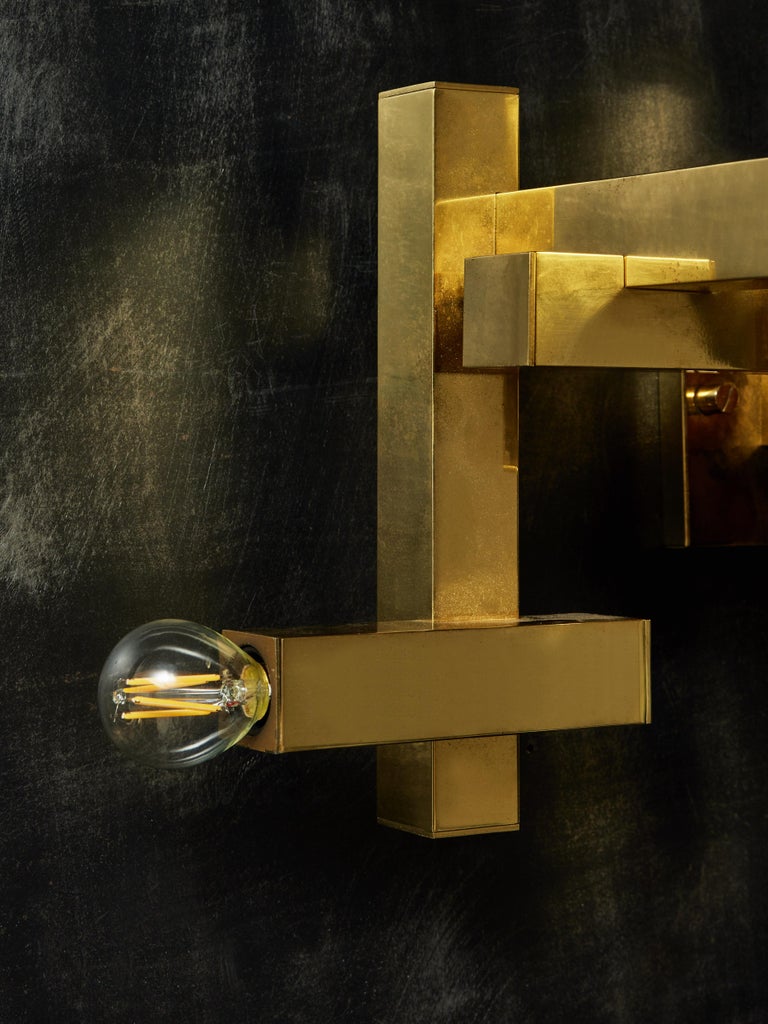 Italian Cubist Polished Brass Gaetano Sciolari Wall Sconce For Sale