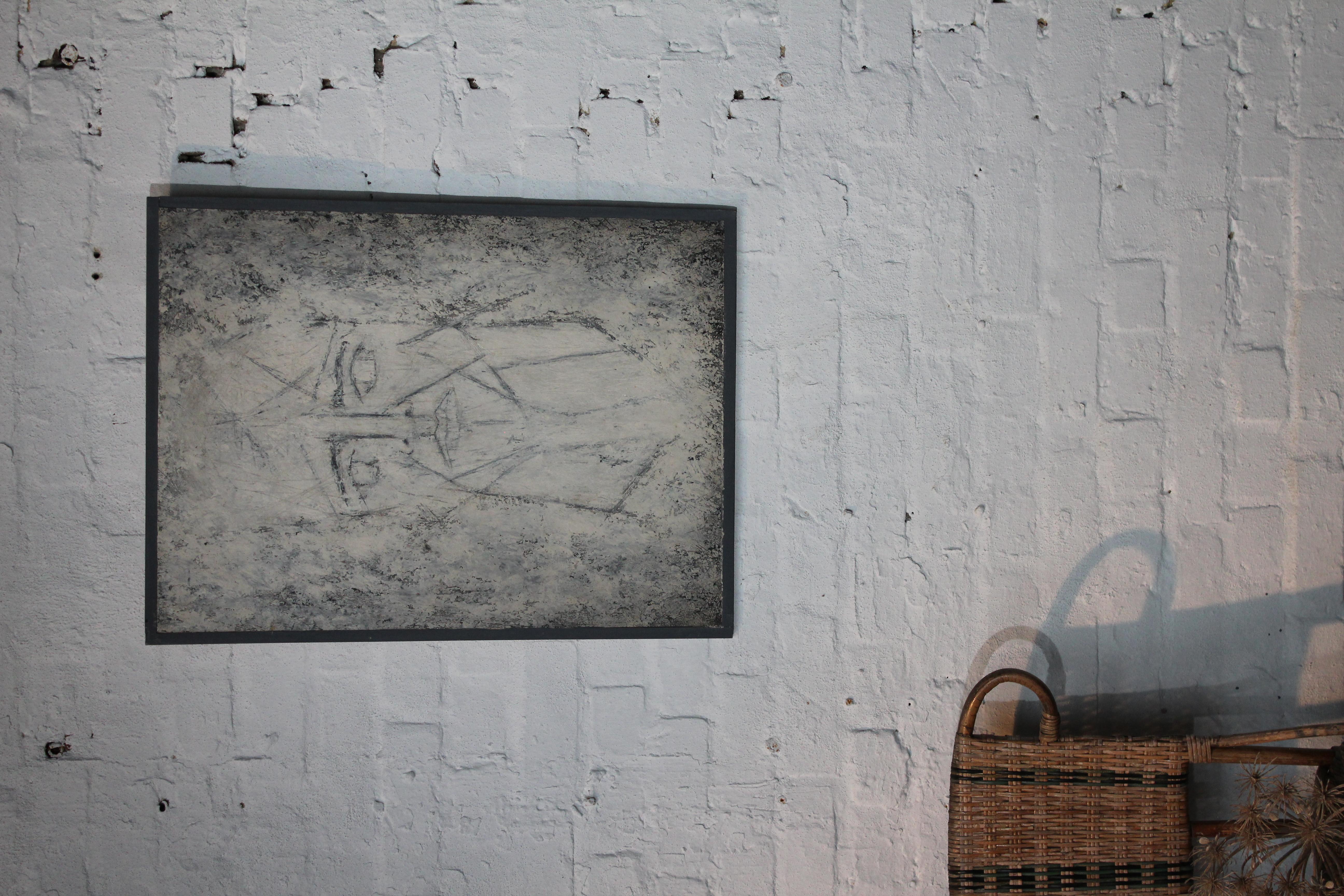 Cubist portrait with very strong expression by French artist Emmanuel Godefroy. Mixed technique, black stone, charcoal and glycero paint on paper, fixed on a wooden panel with frame. Signed by the artist in 1995