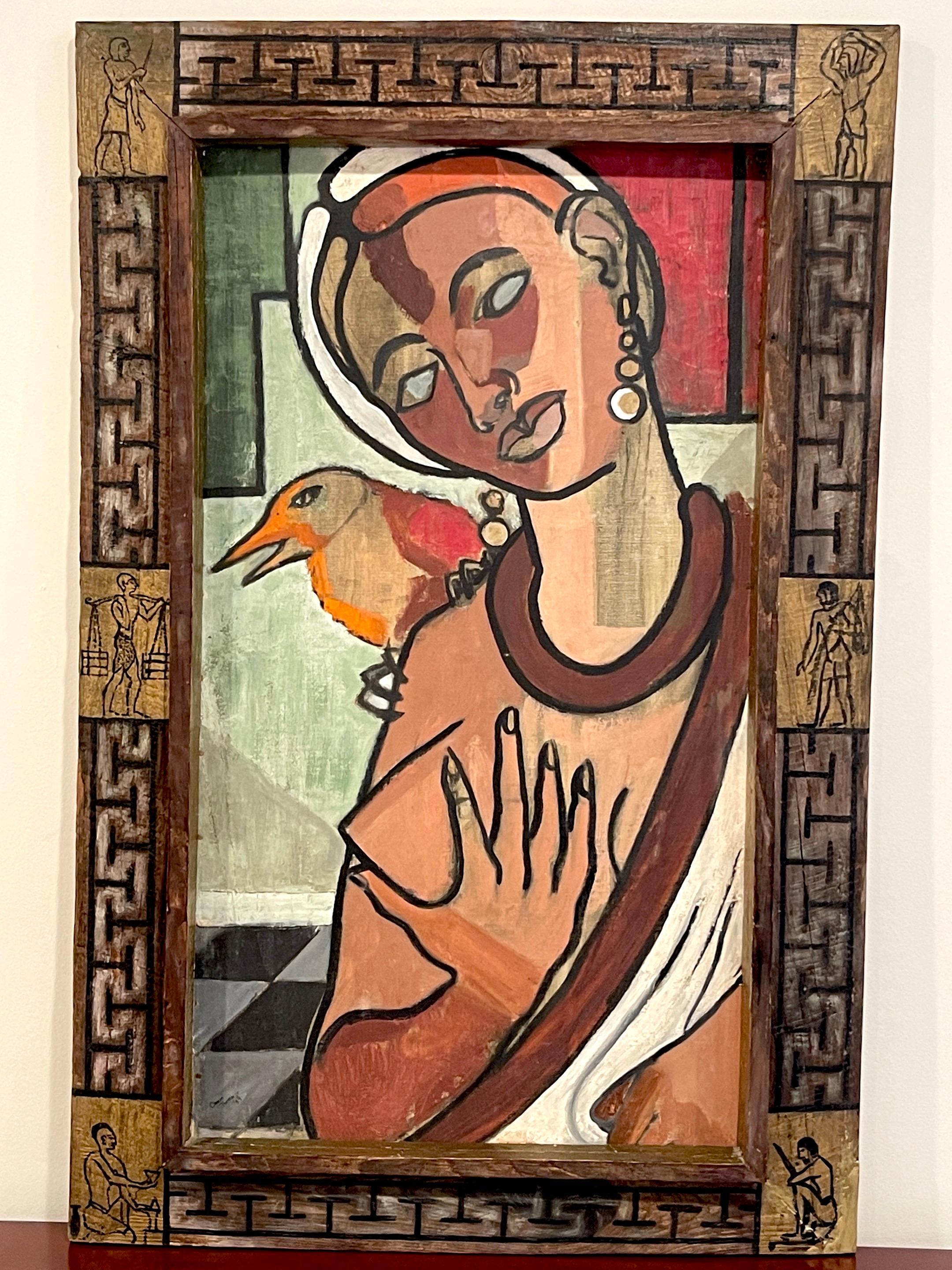 Kubistisches Porträt von Kleopatra und Falke, von Clevan Thomas Jr. 1944
Ein Meisterwerk der modernen amerikanischen Außenseiterkunst der 1940er Jahre von dem relativ unbekannten afro-amerikanischen Künstler Clevan Thomas Jr.
Signiert unten links