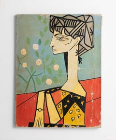Cubist Portrait Oil Painting, France, circa 1950