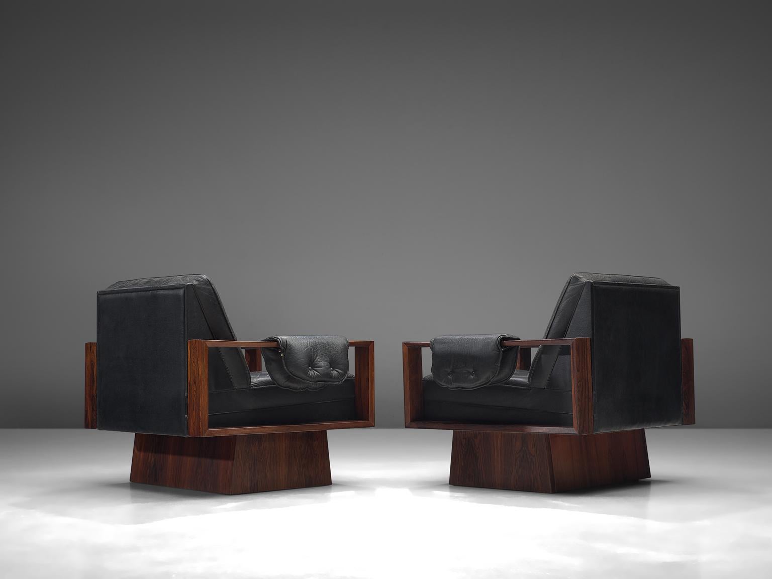 Scandinavian Modern Cubist Rosewood and Black Leather Armchairs