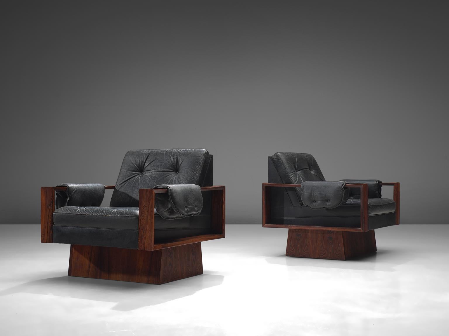 Danish Cubist Rosewood and Black Leather Armchairs