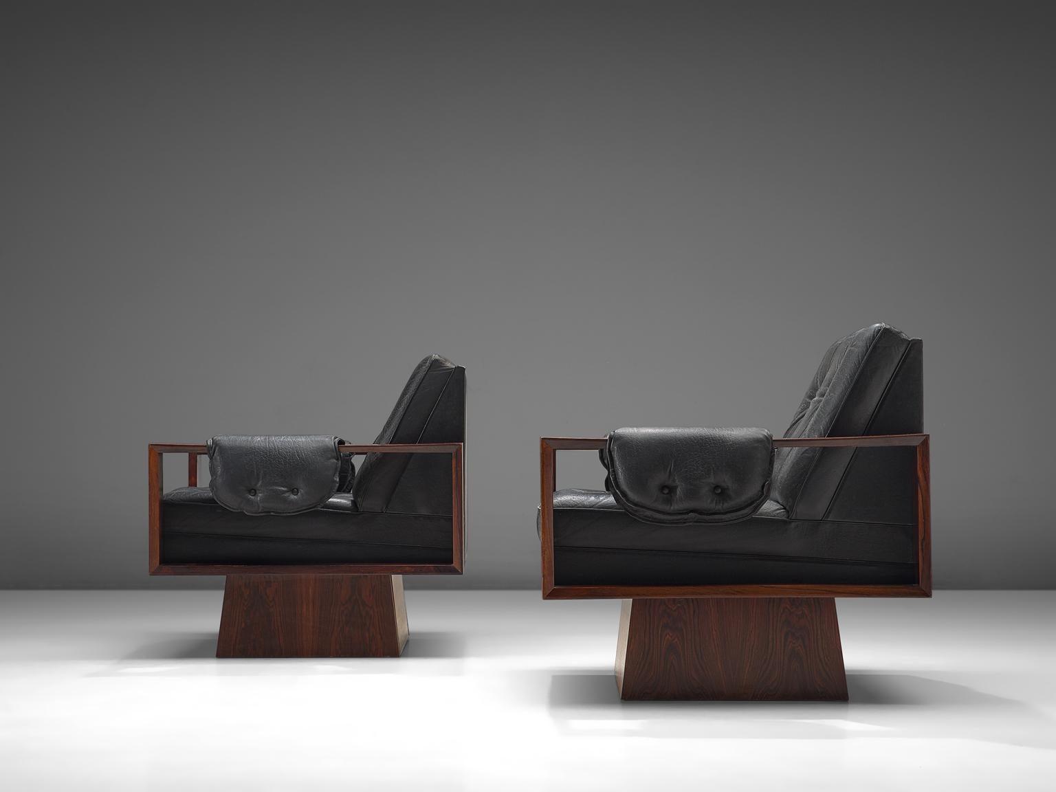 Cubist Rosewood and Black Leather Armchairs In Good Condition In Waalwijk, NL