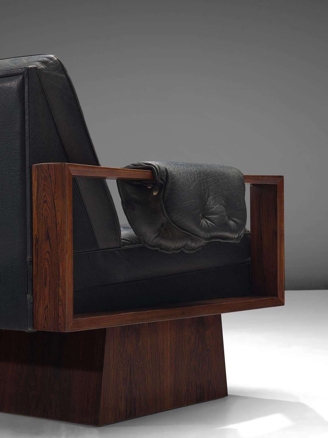 Mid-20th Century Cubist Rosewood and Black Leather Armchairs