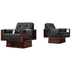 Cubist Rosewood and Black Leather Armchairs