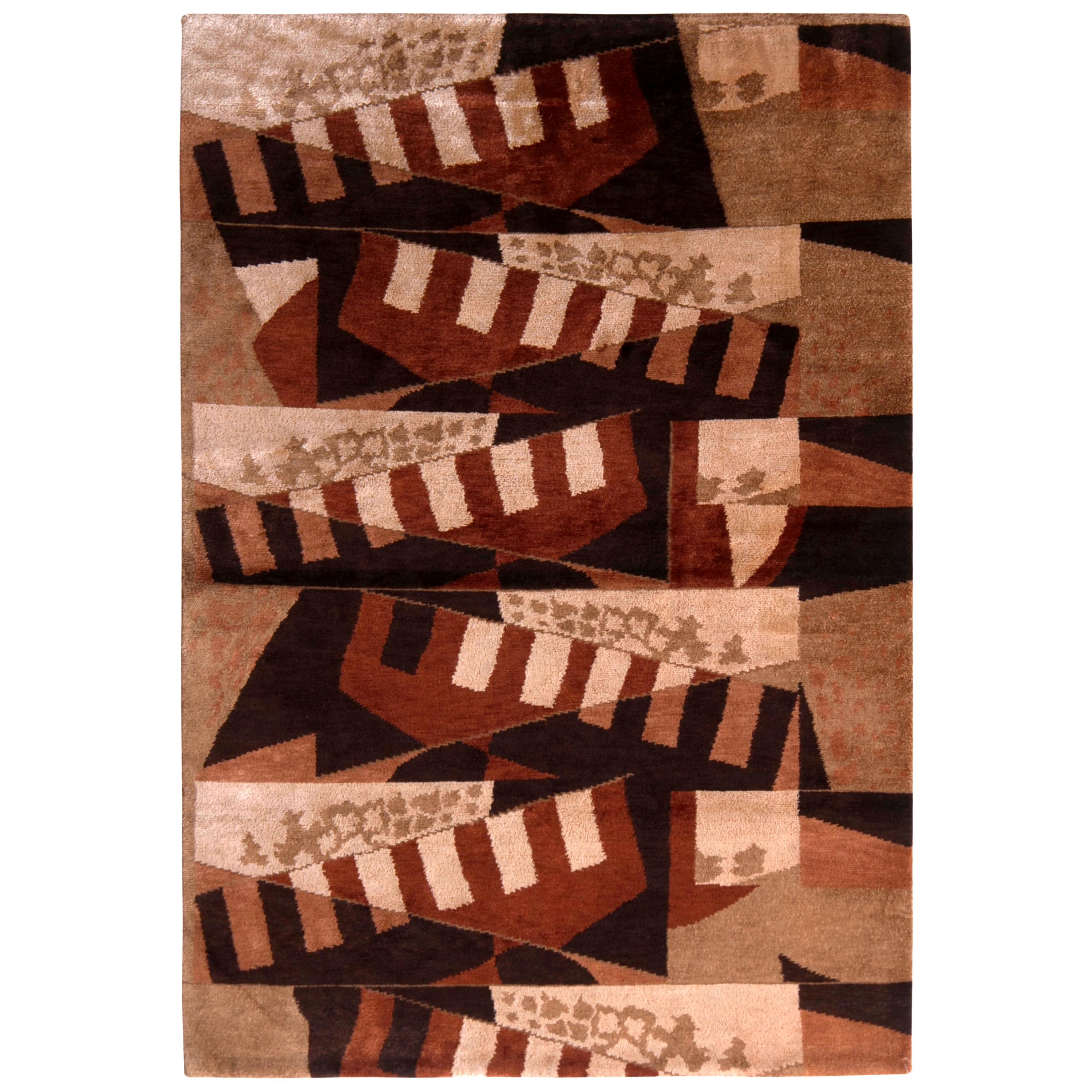 Cubist Rug Beige-Brown Wool and Silk Geometric Pattern by Rug & Kilim