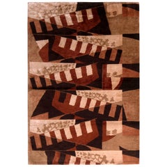 Retro Cubist Rug Beige-Brown Wool and Silk Geometric Pattern by Rug & Kilim