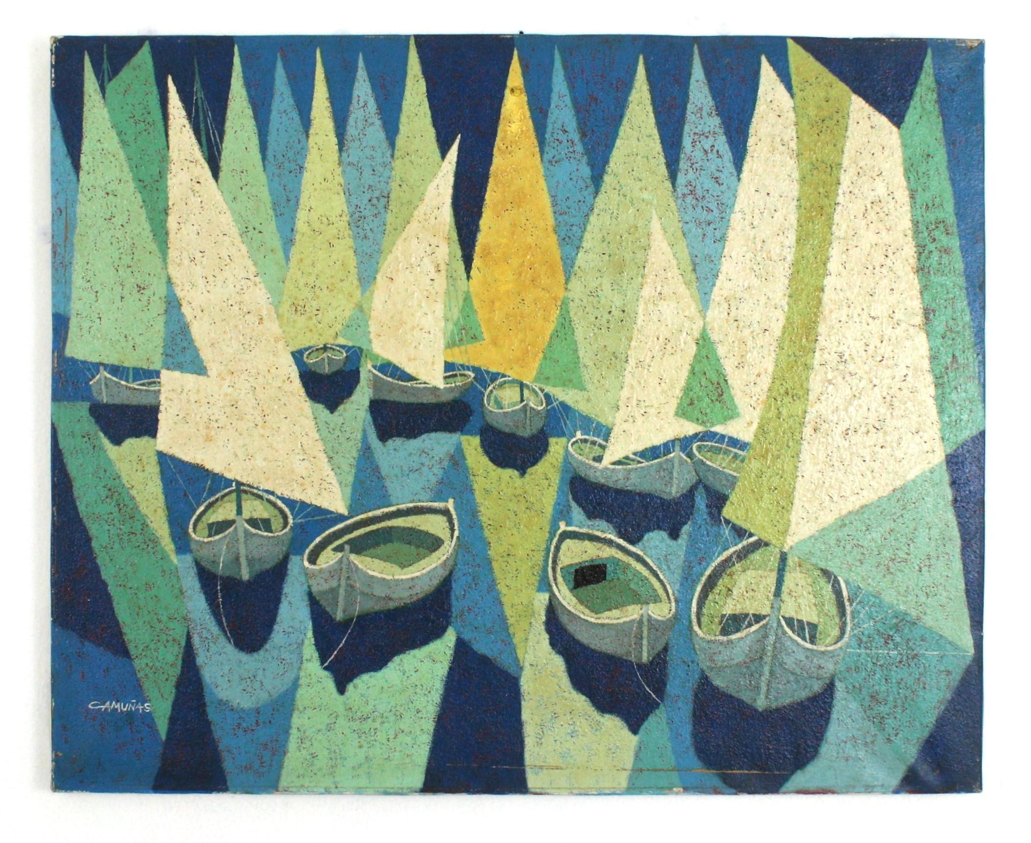 Sailing Boats Spanish Oil on Canvas, 1940s-1950s
Shades of Blue, green, beige and off-white
Oil on canvas, unframed
Signed 'Camuñas' bottom left
Overall measures: 76,5 cm W x 62 cm H x 2 cm D  // 30,11 in W x 24,40 in H x 0,78 in D
