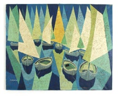 Peinture de bateaux à voile cubistes signée Huile sur toile