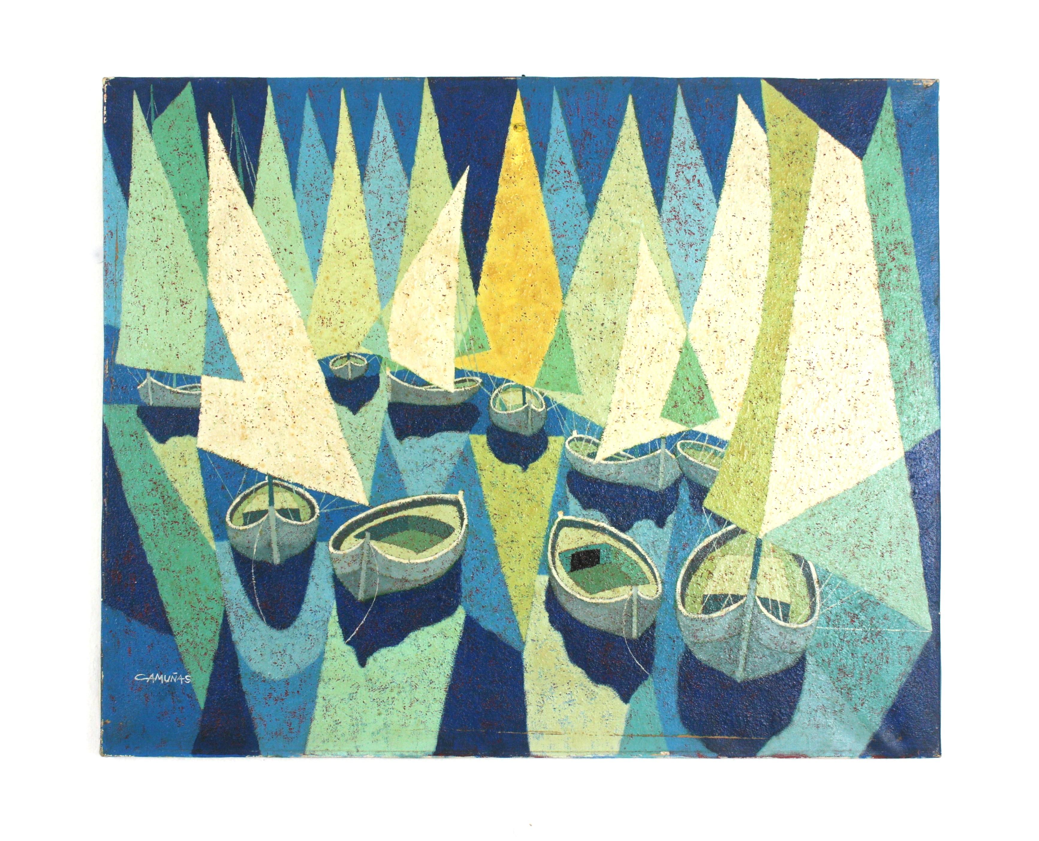 Hand-Painted Cubist Sailing Boats Painting Signed Oil on Canvas For Sale
