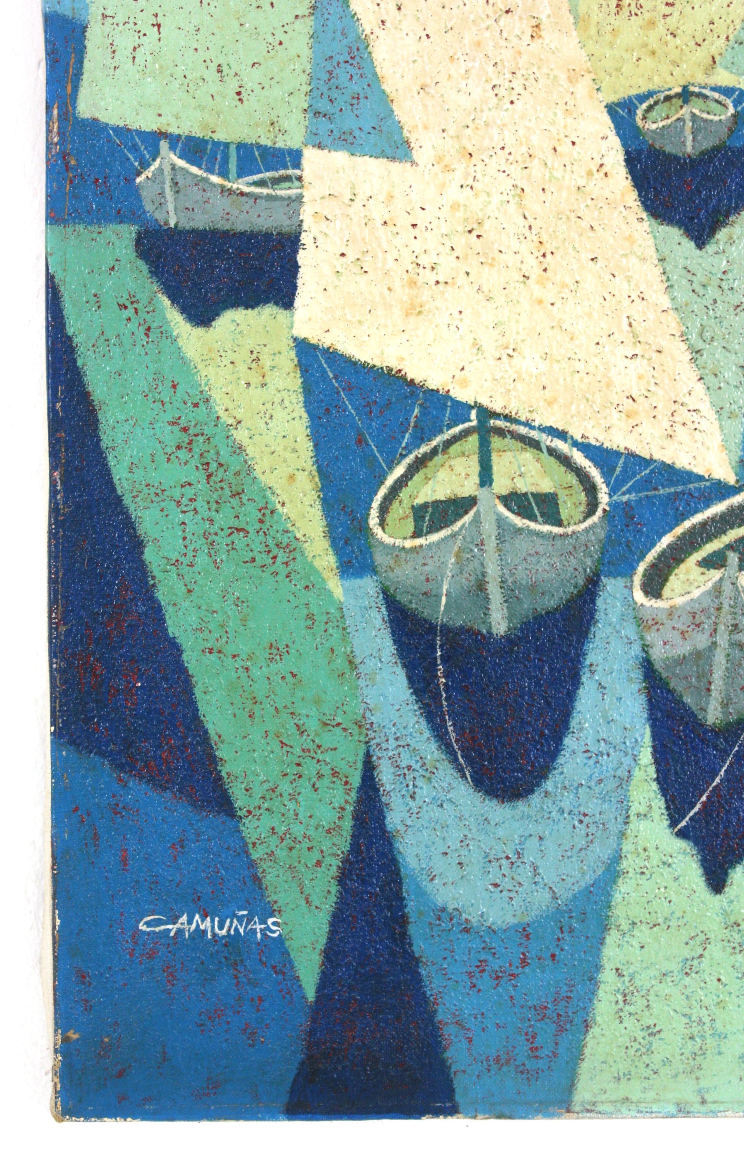 20ième siècle Peinture de bateaux à voile cubistes signée Huile sur toile en vente