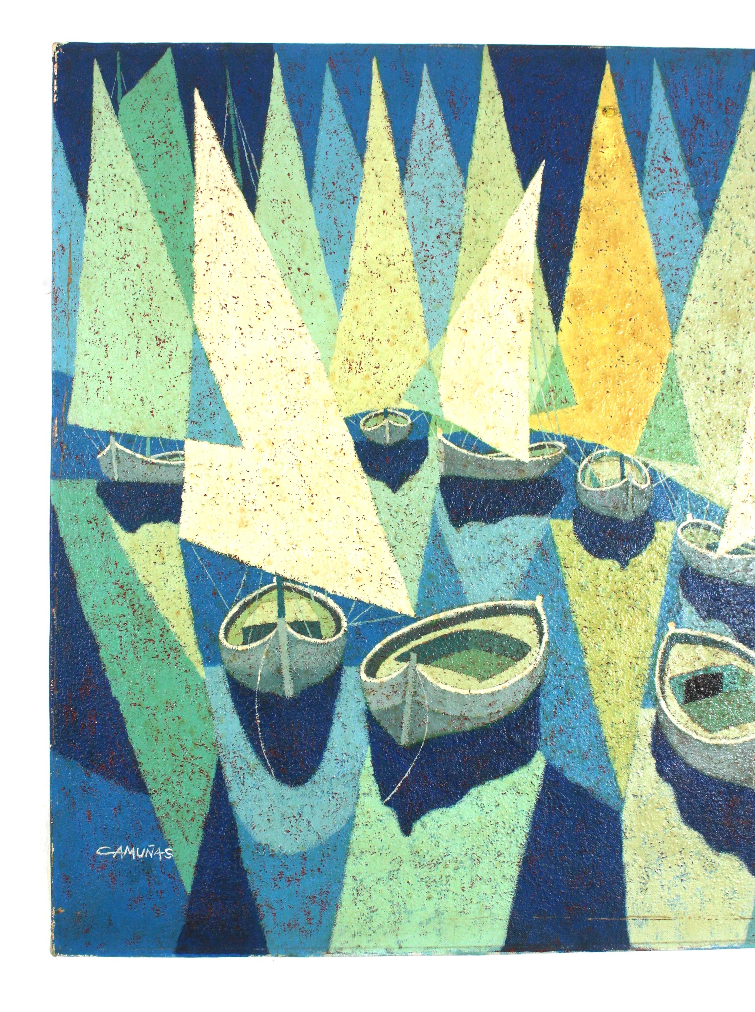 Toile Peinture de bateaux à voile cubistes signée Huile sur toile en vente