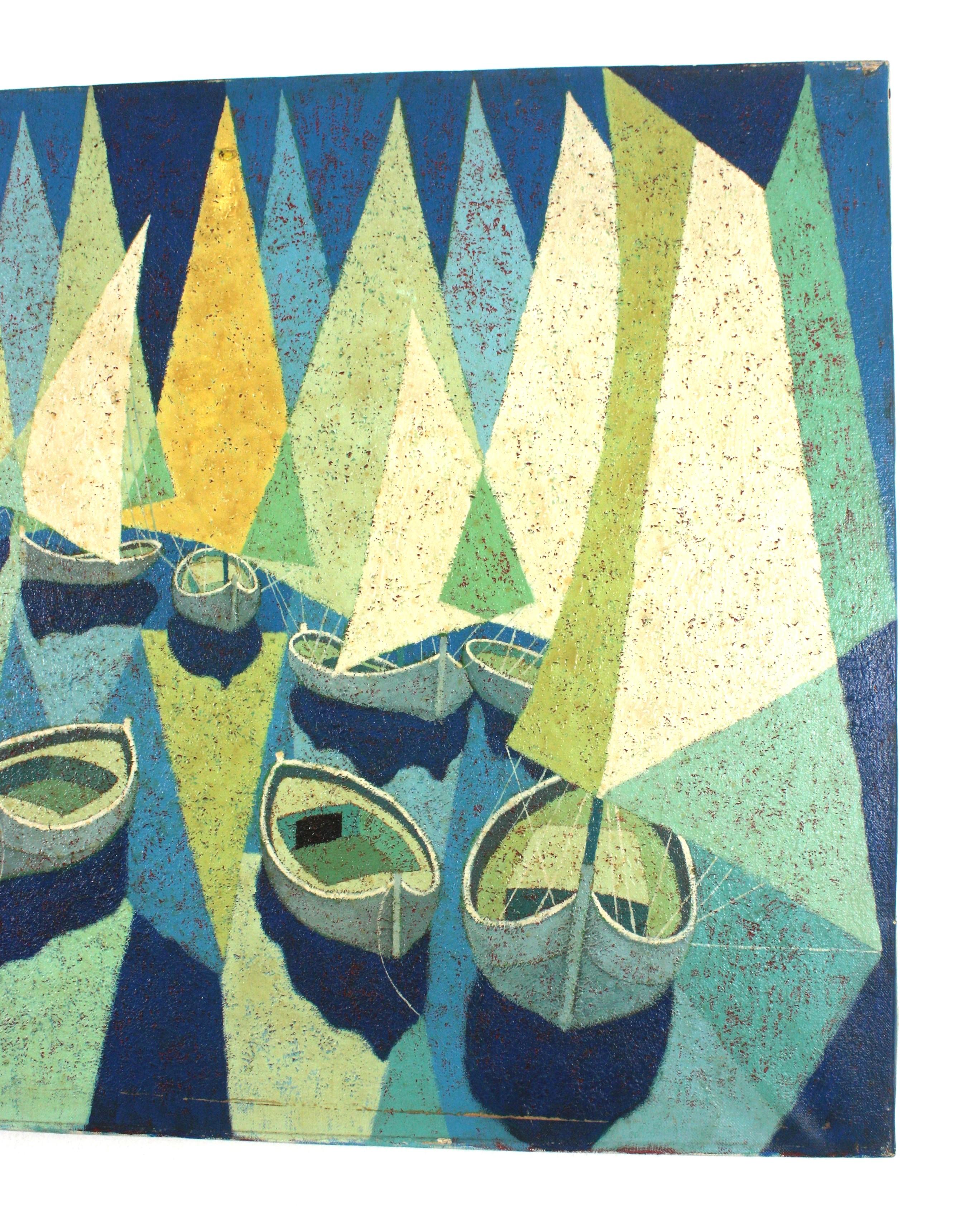 Peinture de bateaux à voile cubistes signée Huile sur toile en vente 1