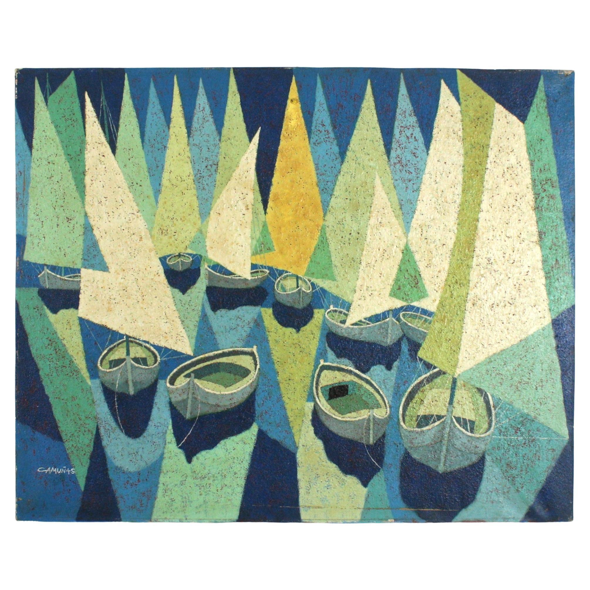 Peinture de bateaux à voile cubistes signée Huile sur toile en vente
