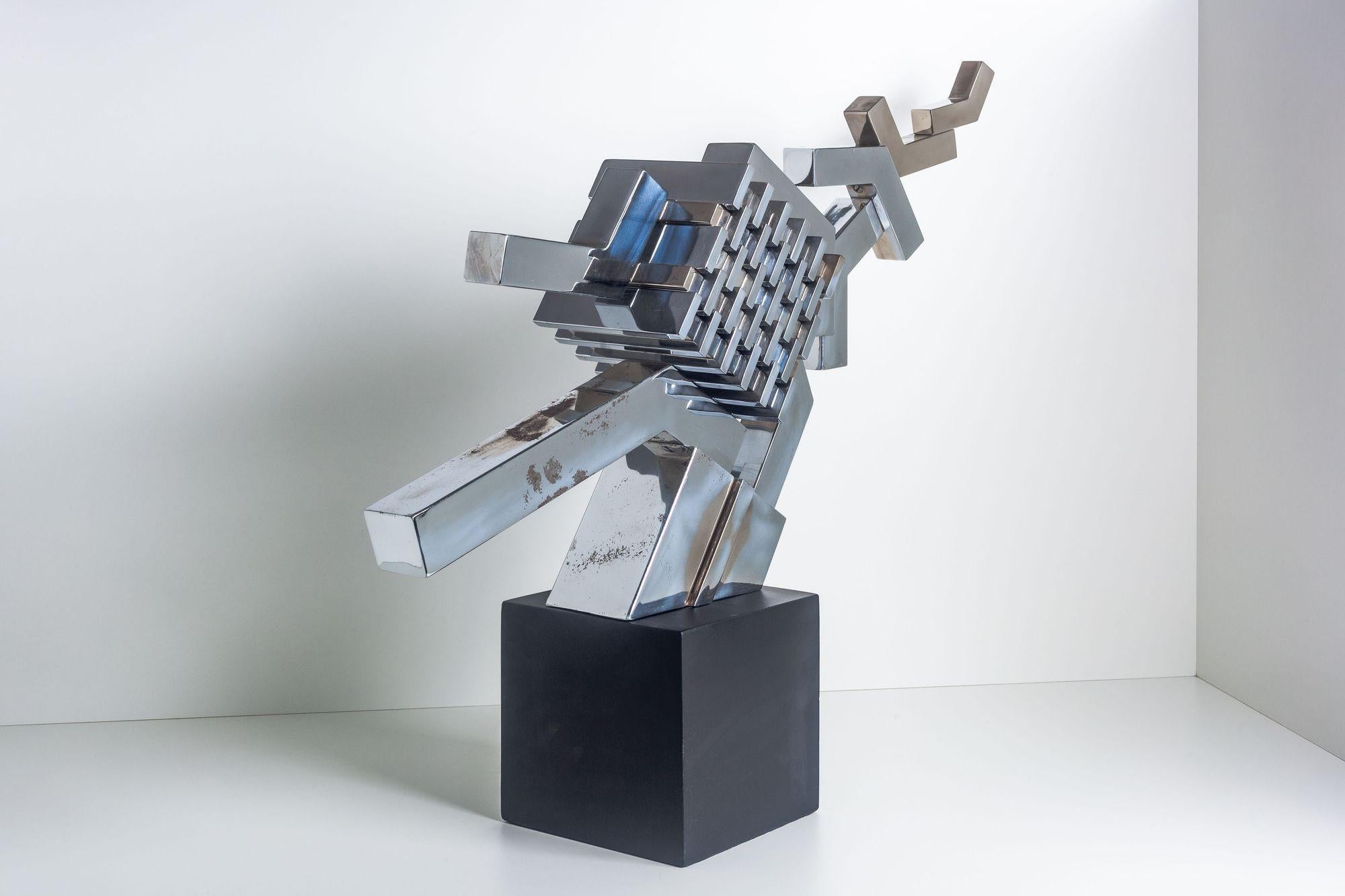 Plated Cubist Sculpture in Mirror Polished Chrome For Sale