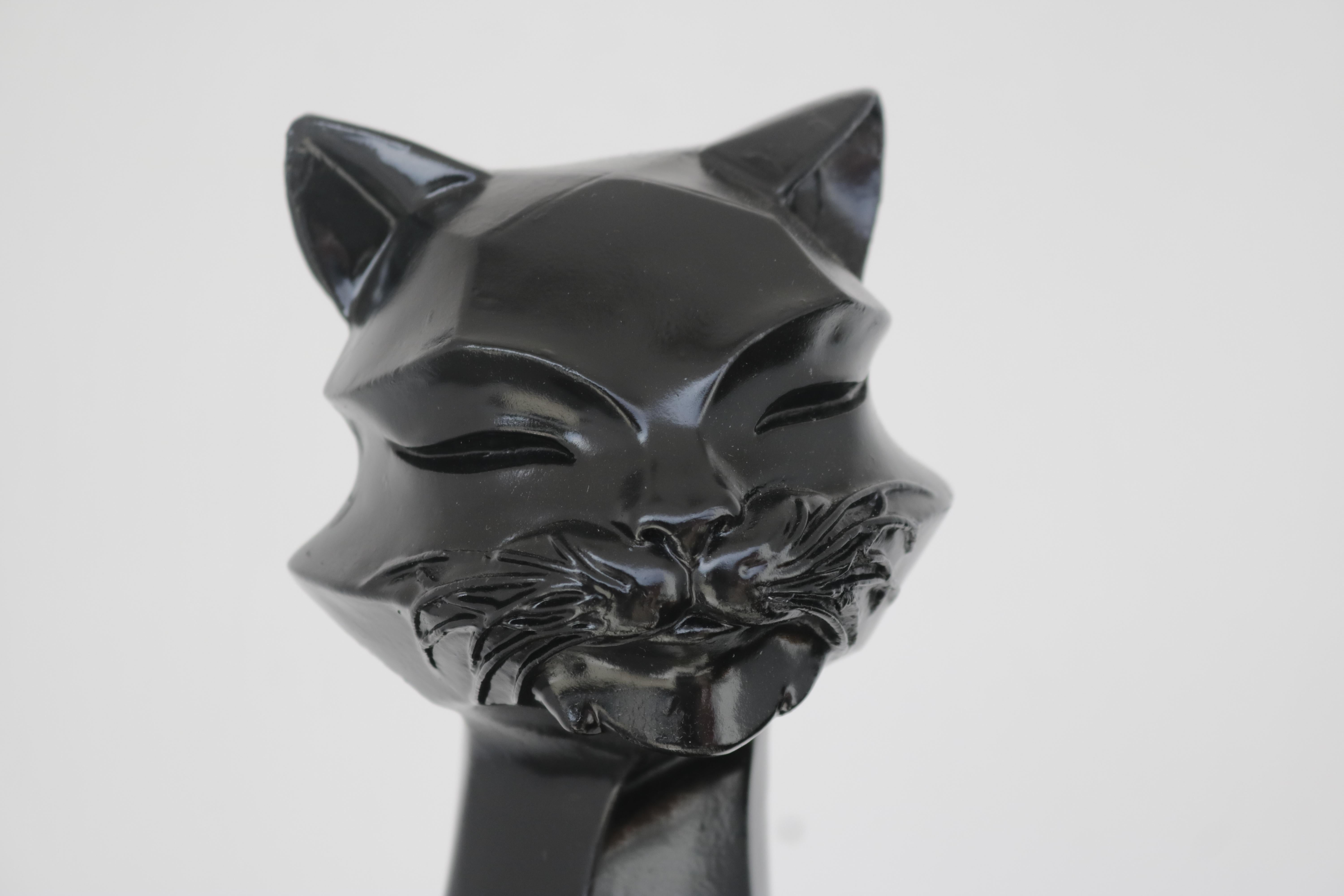 Mid-Century Modern Cubist Shaped Cat Sculpture in Black Plaster
