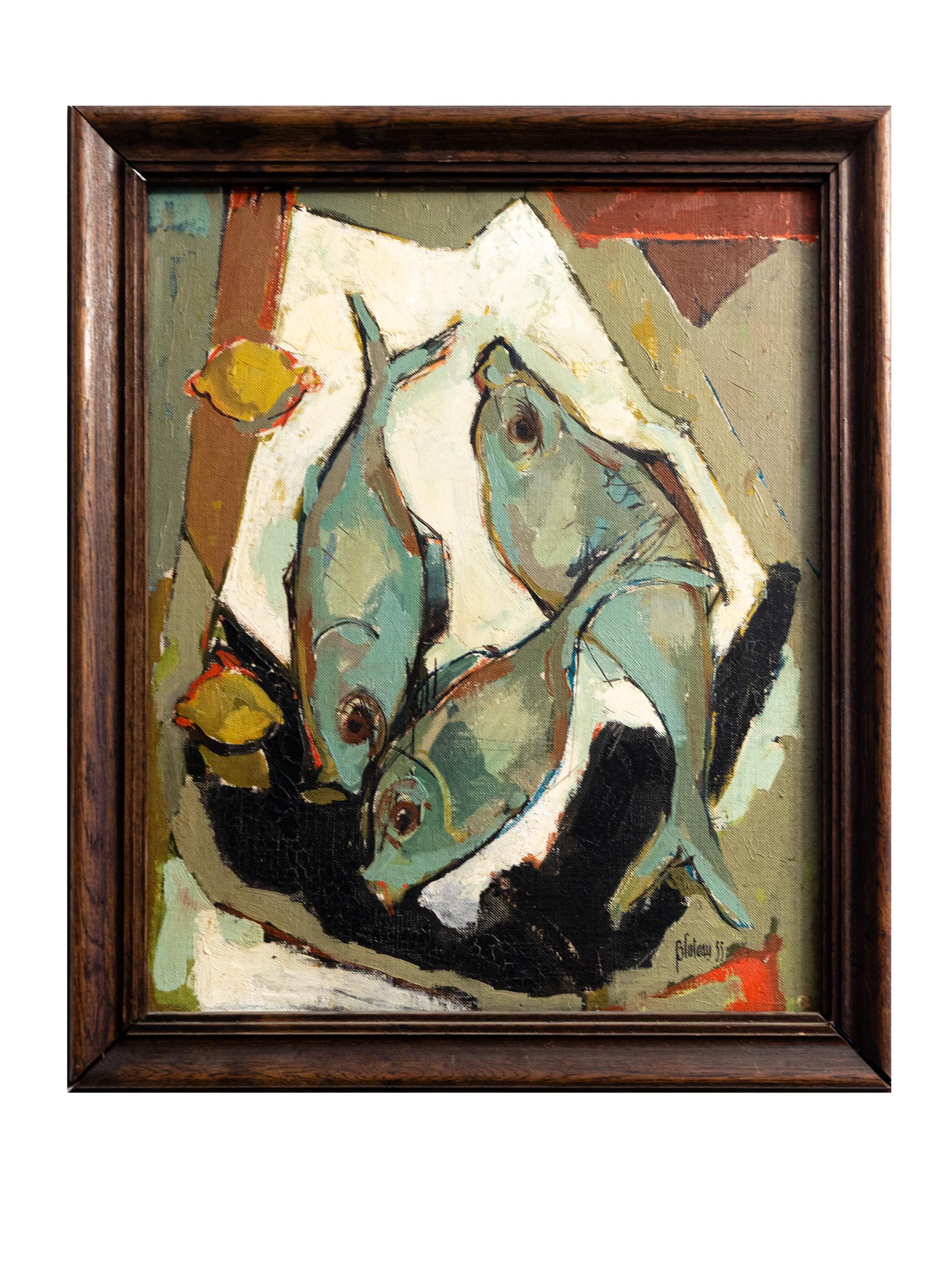 This modernist cubist still life by A. Duparc features geometric and faceted forms in an evocative composition with a wine bottle, goblet, and jug. The work is rendered in papier-mâché and oil on a wooden surface, giving it a unique textured