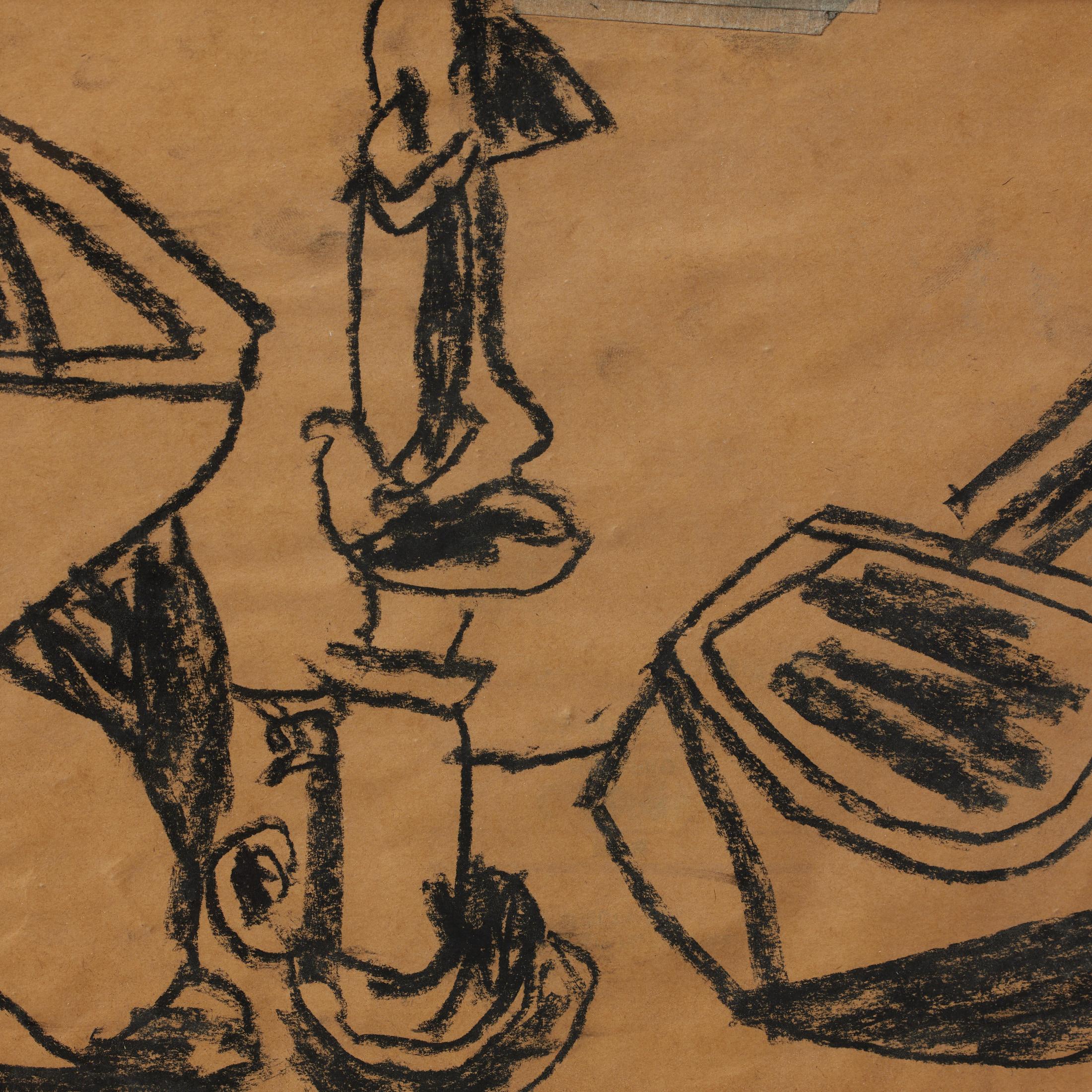 Mid-Century moderno Disegno cubista di natura morta in carboncino nero di Vastian - Firmato e incorniciato in vendita