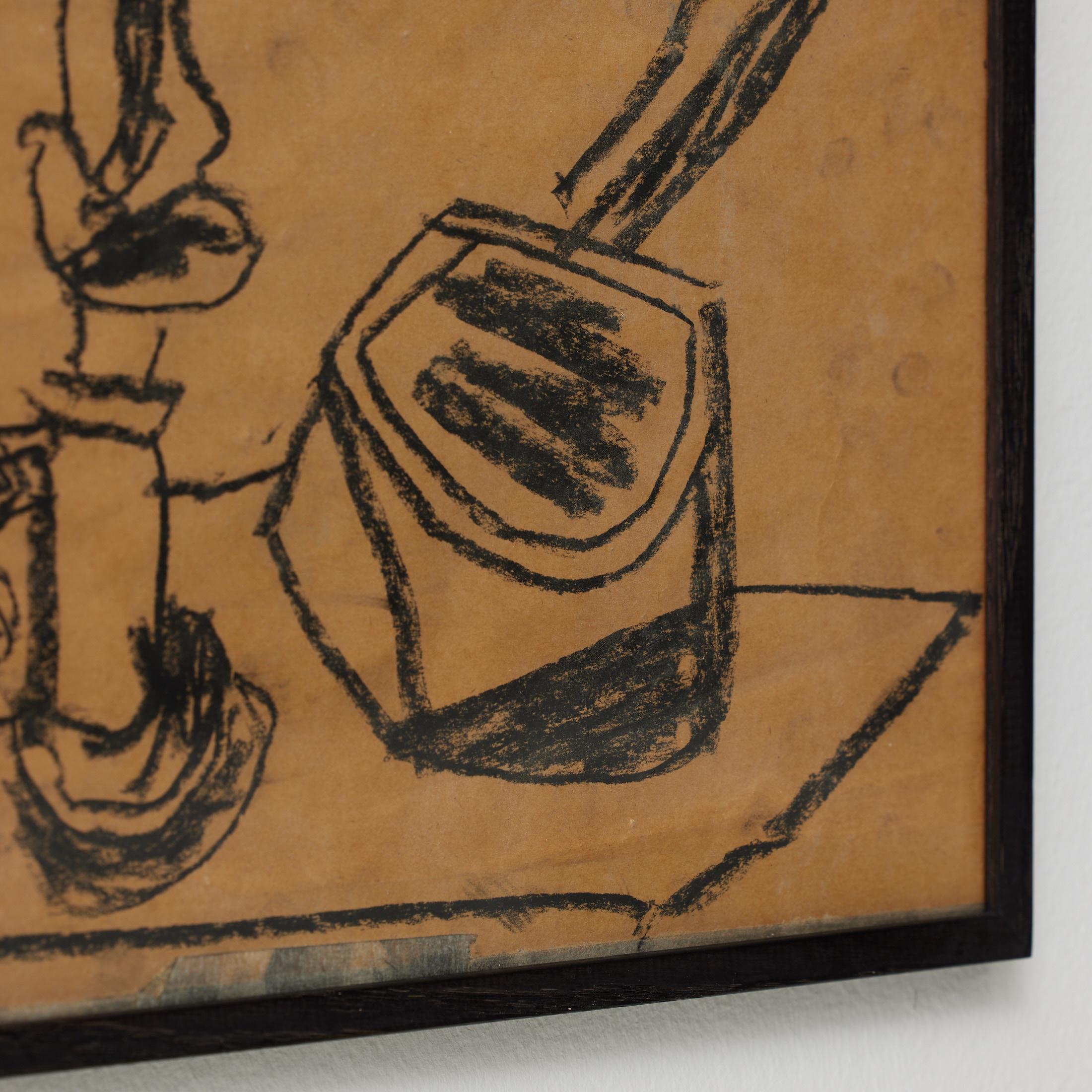 Carta Disegno cubista di natura morta in carboncino nero di Vastian - Firmato e incorniciato in vendita